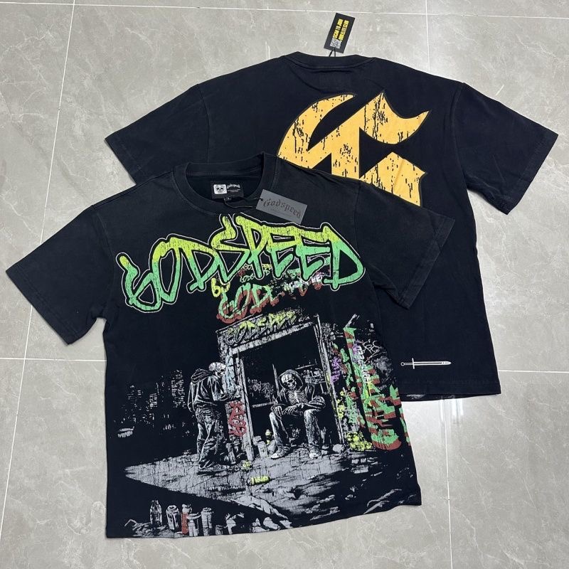 godspeed Vintage skull print washed and distressed American high street loose casual short sleeve T-shirt