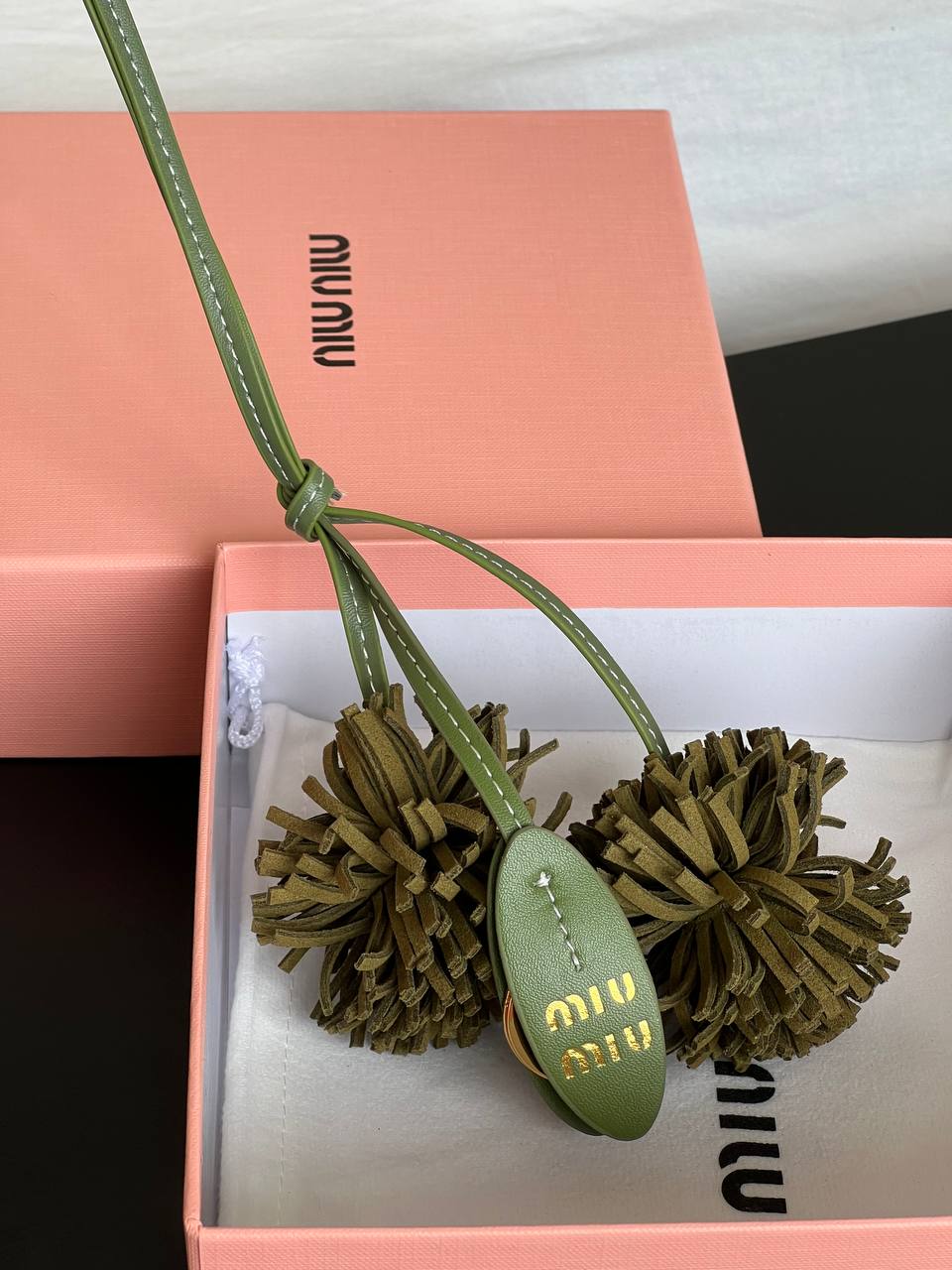Miu Miu Olive Green Leather Double Pom-pom Bag Charm