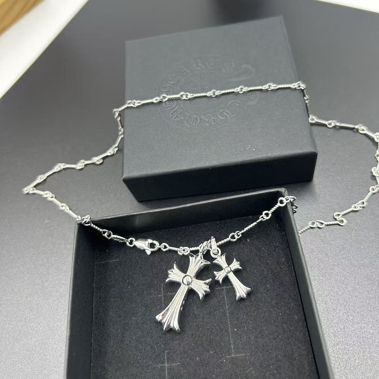 CHROME HEARTS BLUE DIAMOND DOUBLE CROSS LAYERED NECKLACE