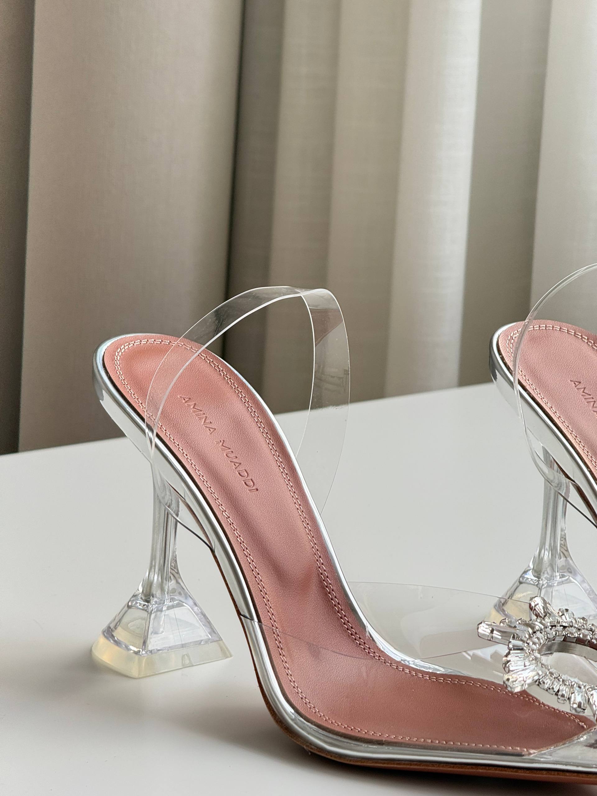 Anna Muaddi Crystal Sun Embellished Clear PVC Pointed Toe Transparent Heel Slingback Sandals