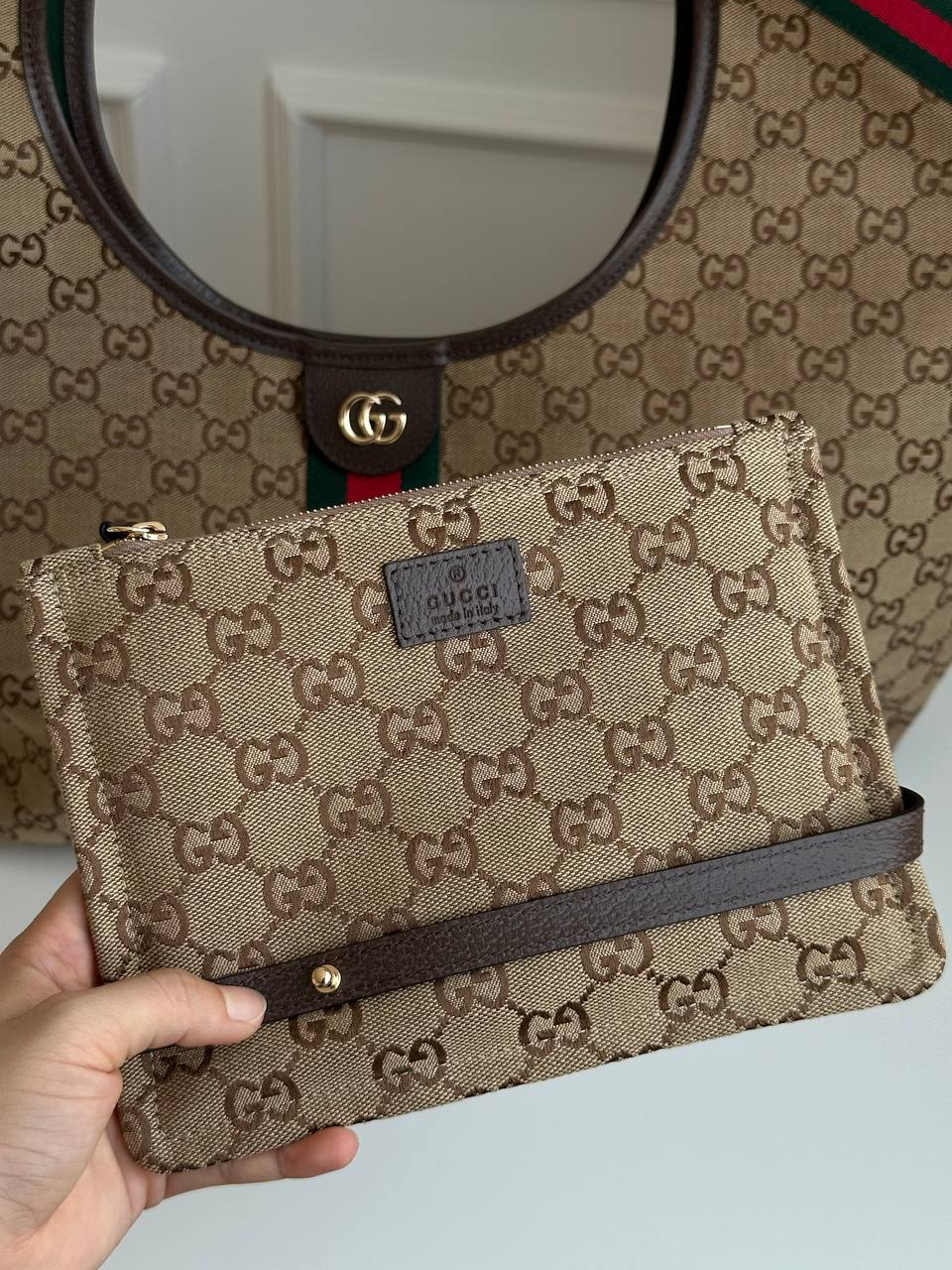 Gucci Classic GG Supreme Canvas Web Strap Large Handheld Tote Bag