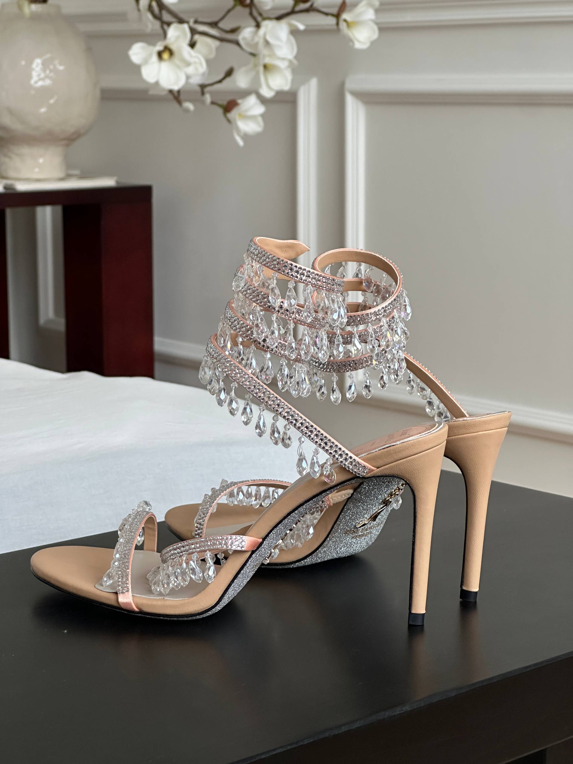 Rene Caovilla Nude Multi-layer Crystal Ankle Wrap Tassel Stiletto Heel Sandals