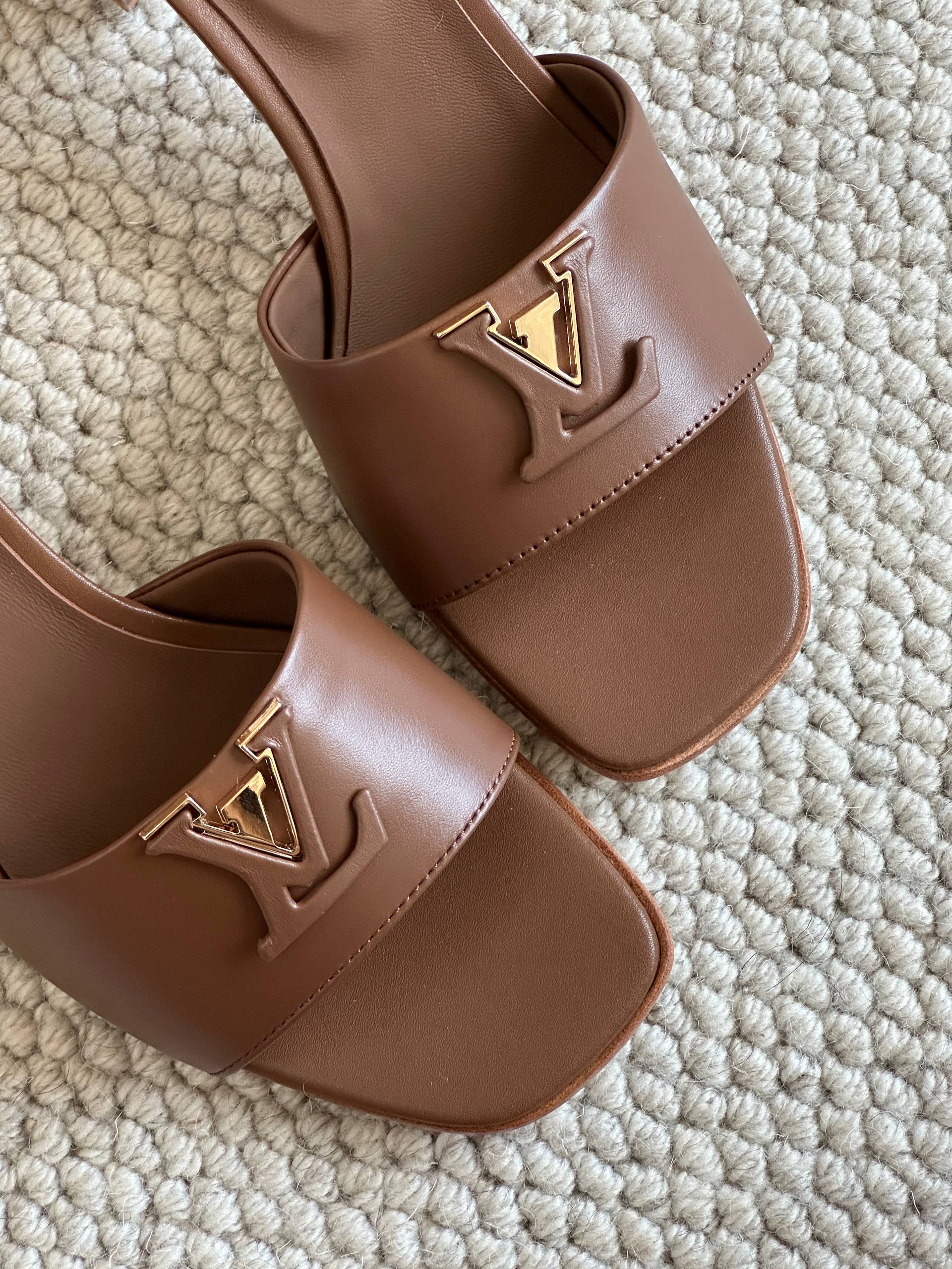 Louis Vuitton Dark Brown Calf Leather LV Logo Block Heel Mules