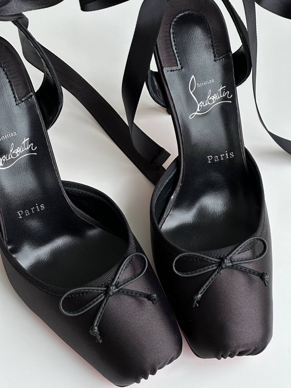 Christian Louboutin Black Satin Double Bow Tie Slingback Stiletto Heels With Iconic Red Sole