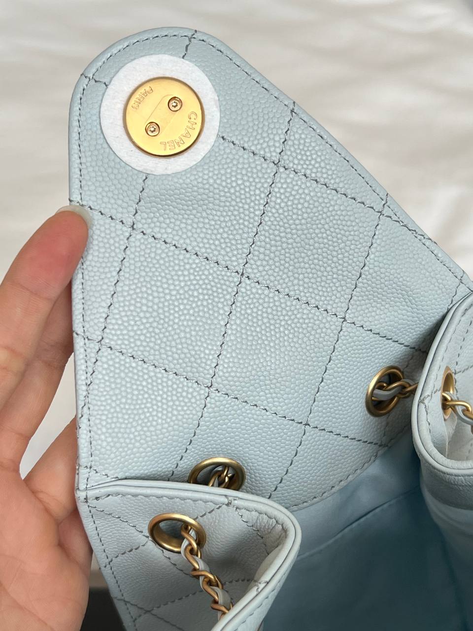 Chanel Pale Ice Blue Caviar Leather CC Drawstring Quilted Flap Bucket Bag