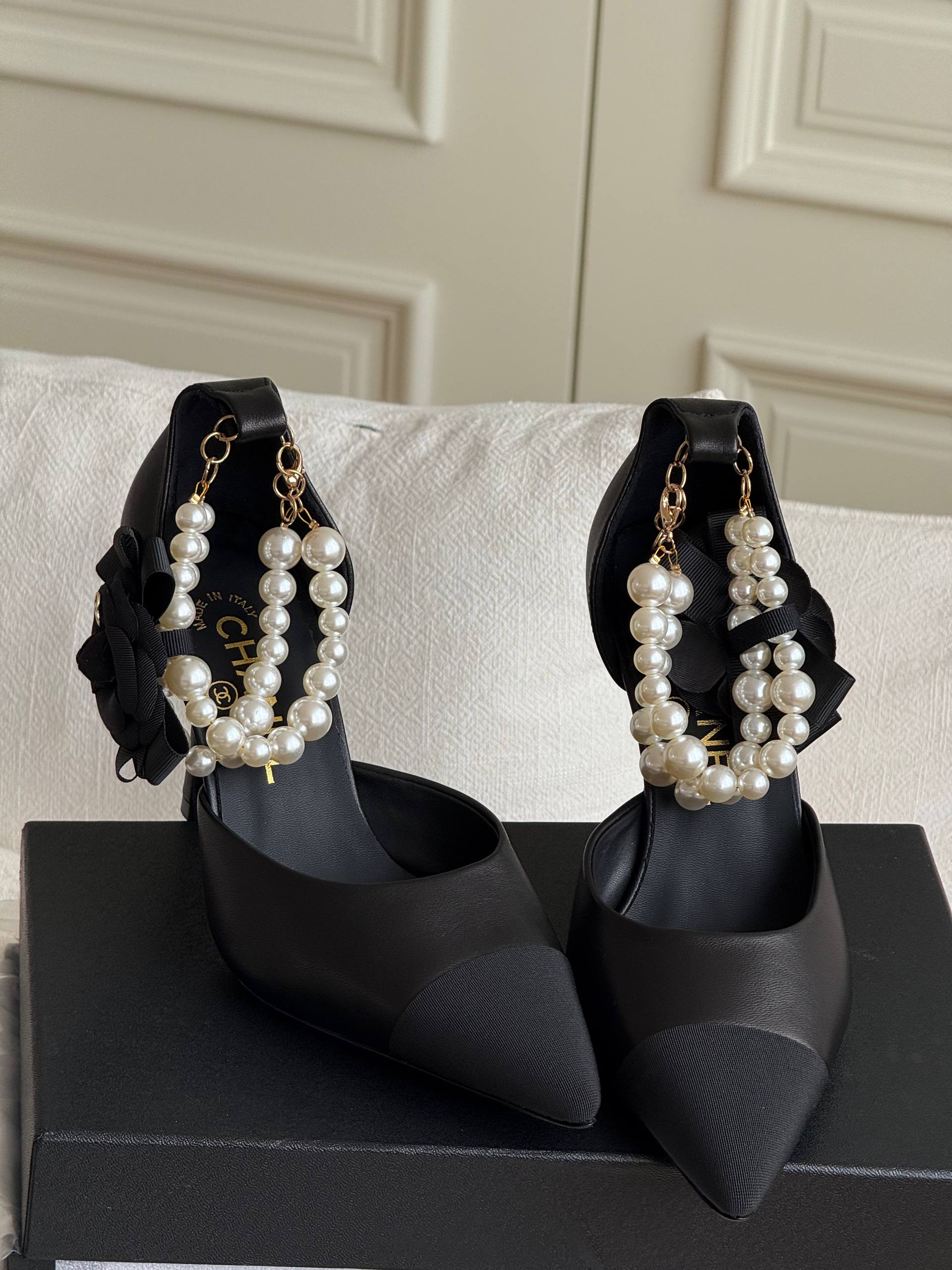 CHANEL Camellia Bow Pearl Ankle Strap Pointed Toe High Heel Sandals