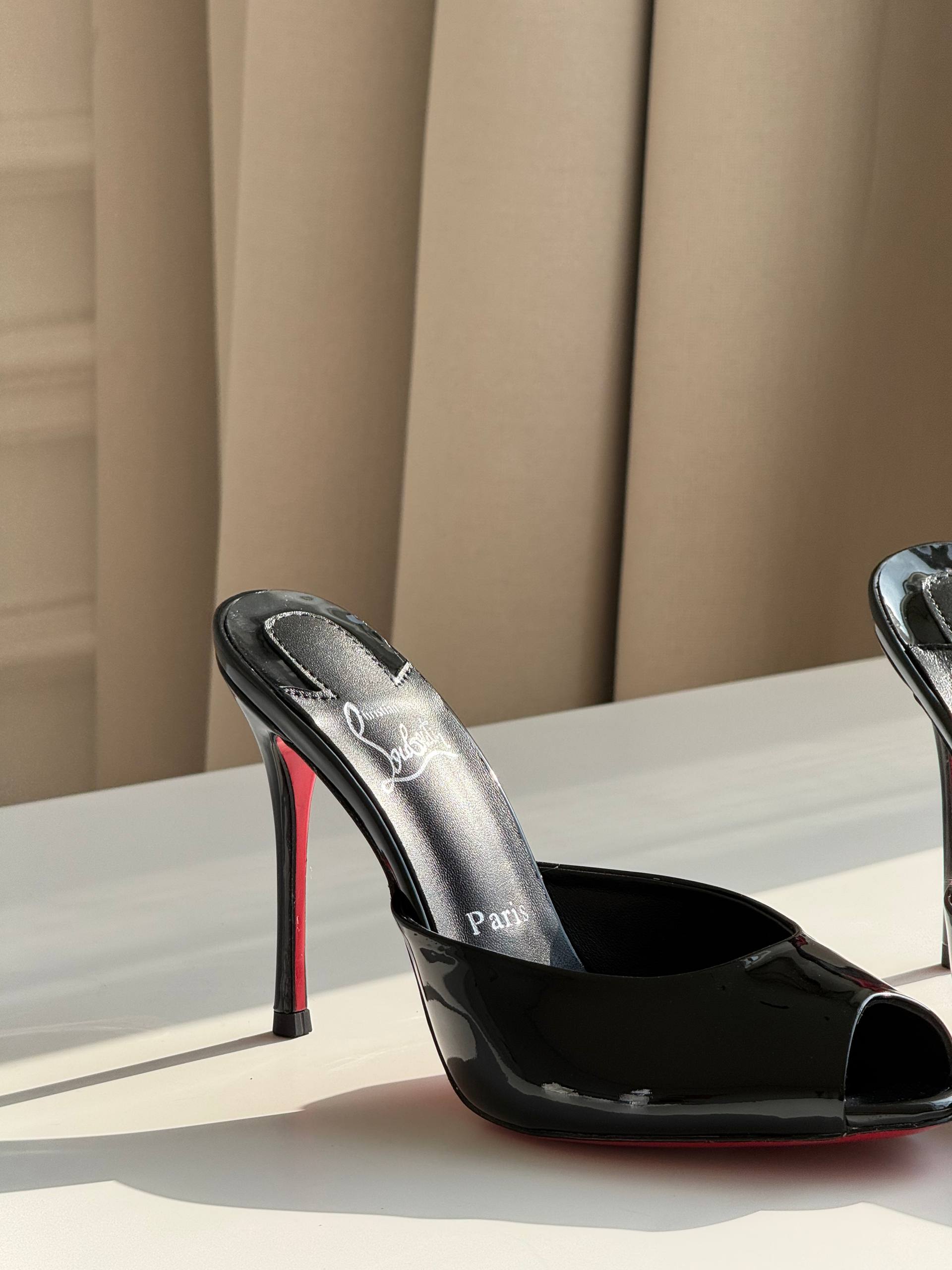 Christian Louboutin Patent Leather Peep-Toe Mule Heels with Red Sole