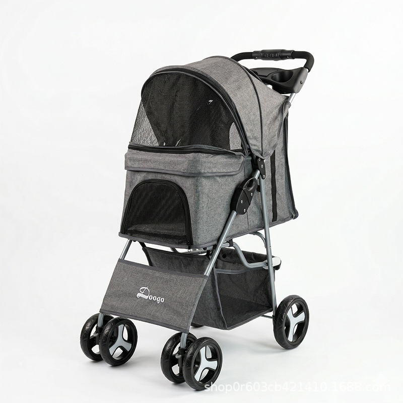 Pet Canvas Travel Four-Wheel Stroller with Canopy, Storage Space, Mesh Ventilation - MAISONKAIRON