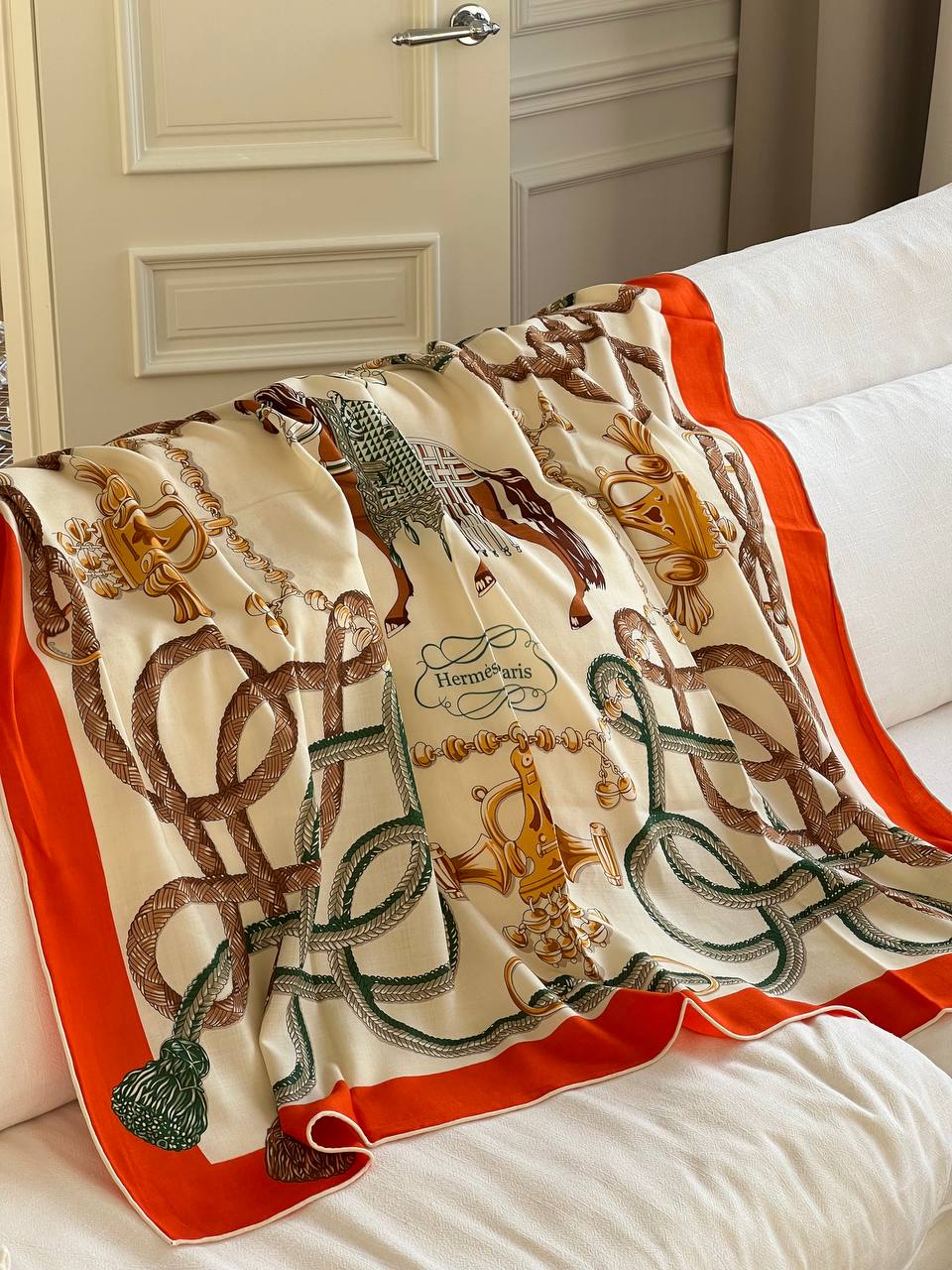 Hermès Cream Background Orange Border Horse Harness Rope Print 90cm Silk Square Scarf