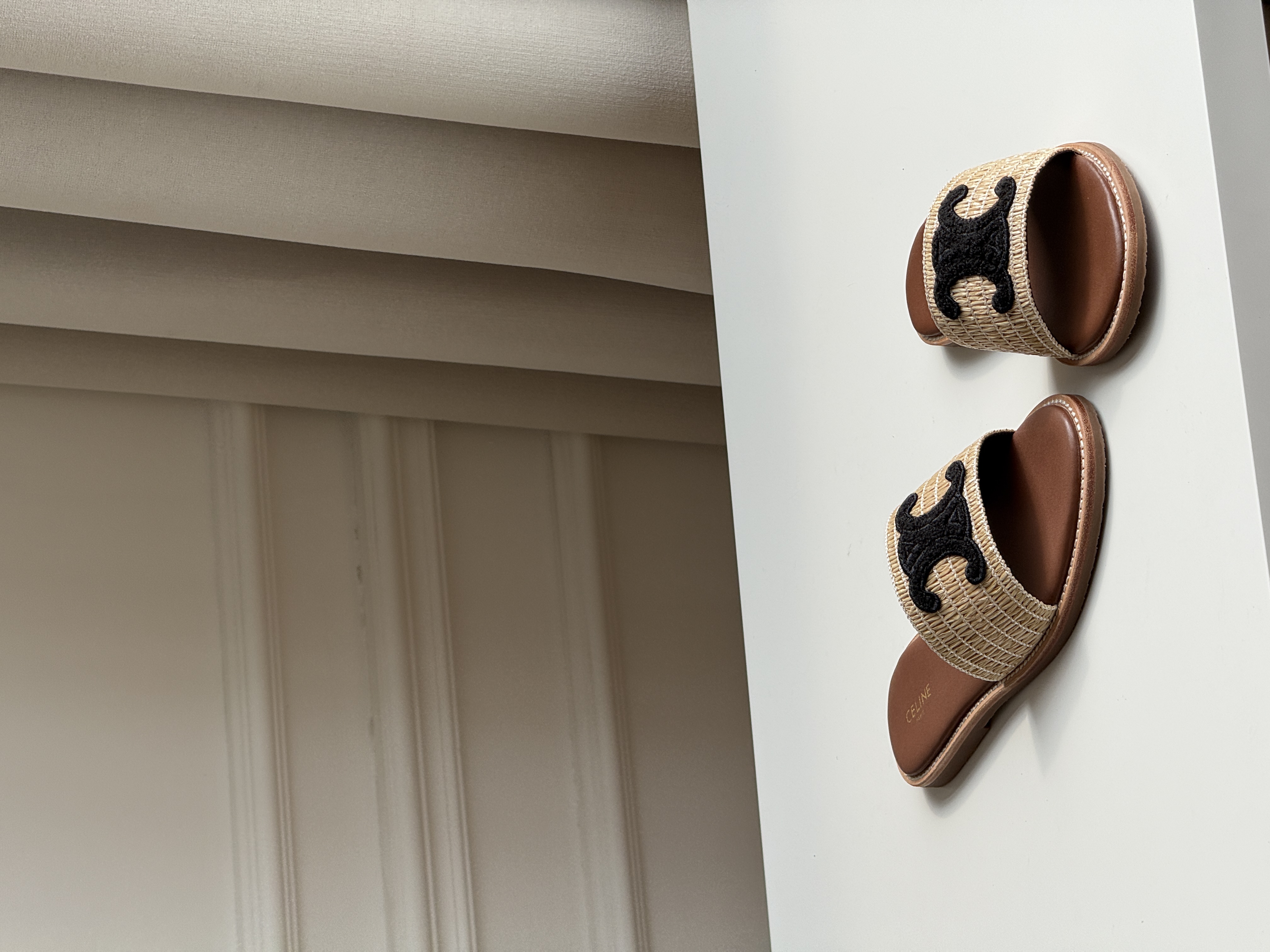 Celine Raffia Woven Slide Sandals With Black Triomphe Embroidery Logo