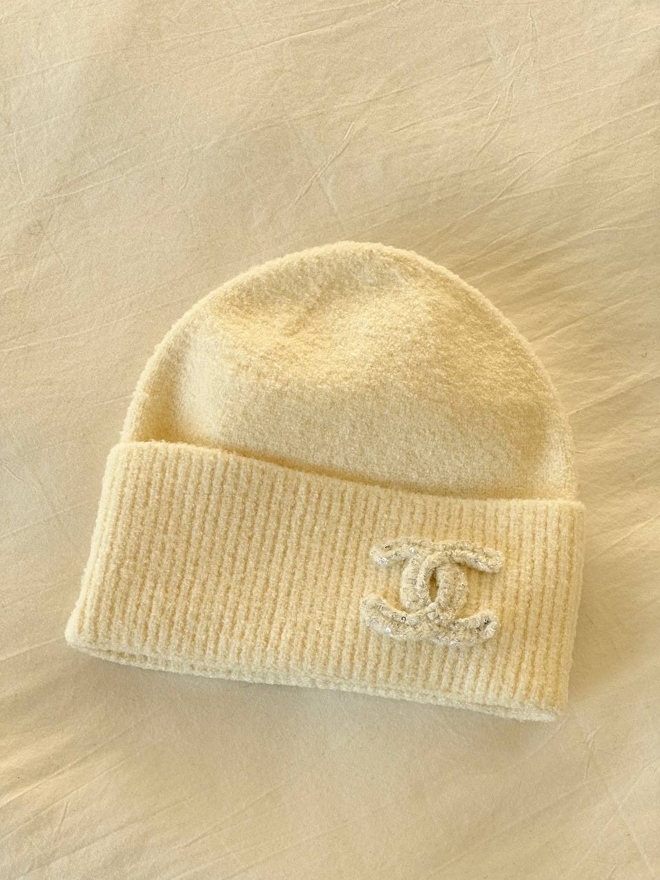 Chanel Cream Knit Tweed CC Logo Cuffed Beanie