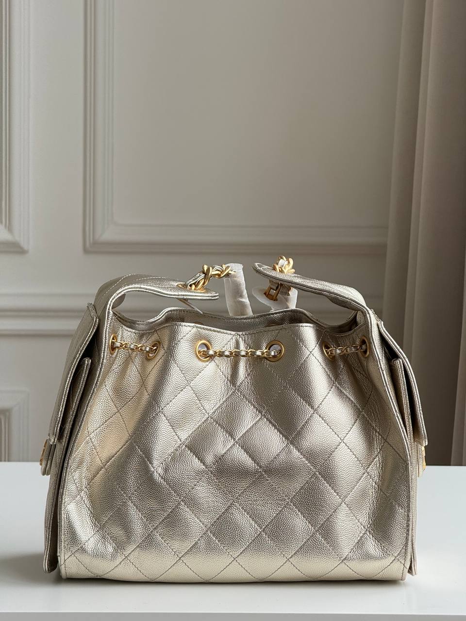 Chanel 25 Metallic Caviar Quilted Drawstring Bucket Bag