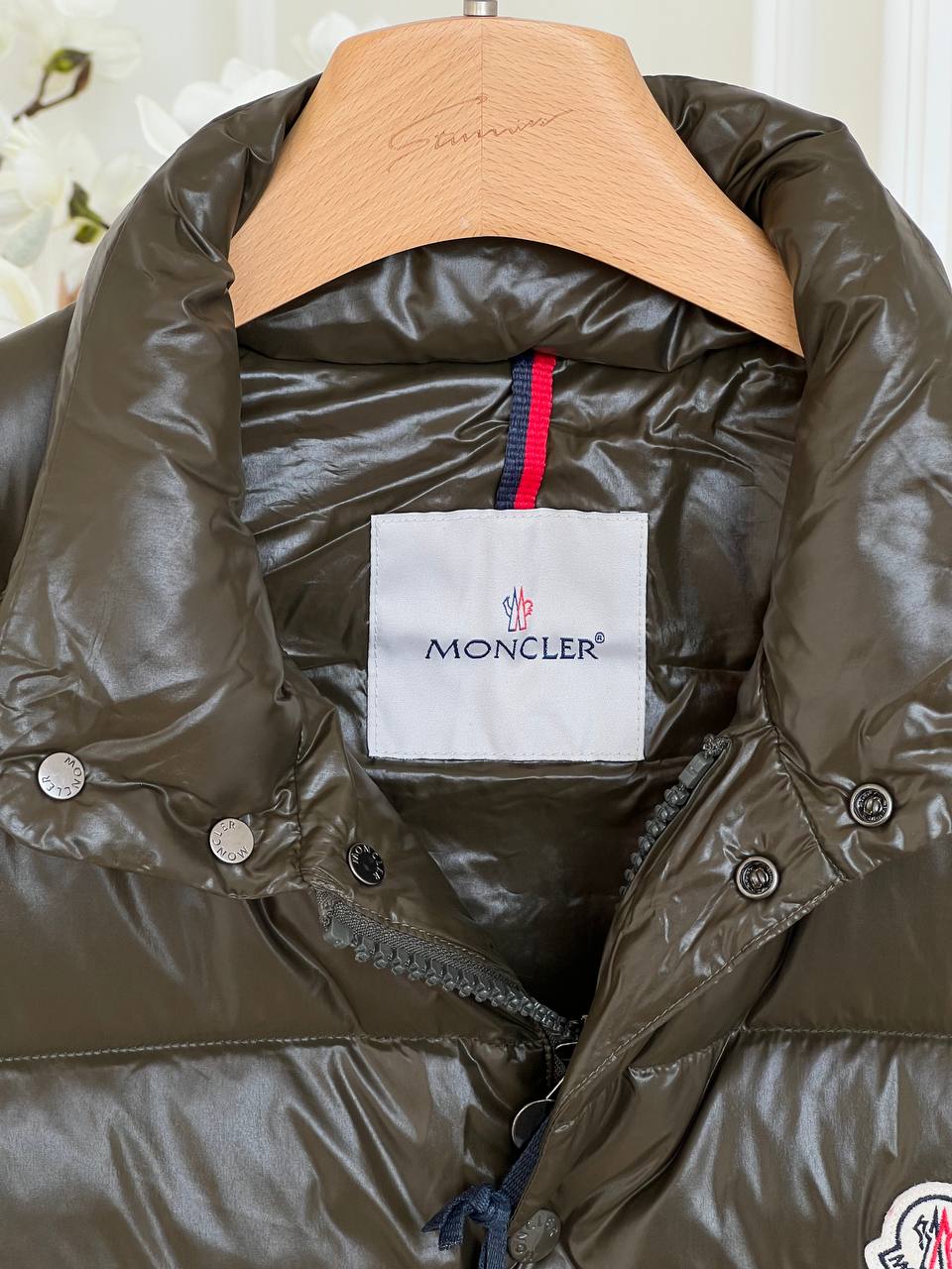 Moncler Olive Shiny Nylon Stand Collar Light Down Gilet Vest