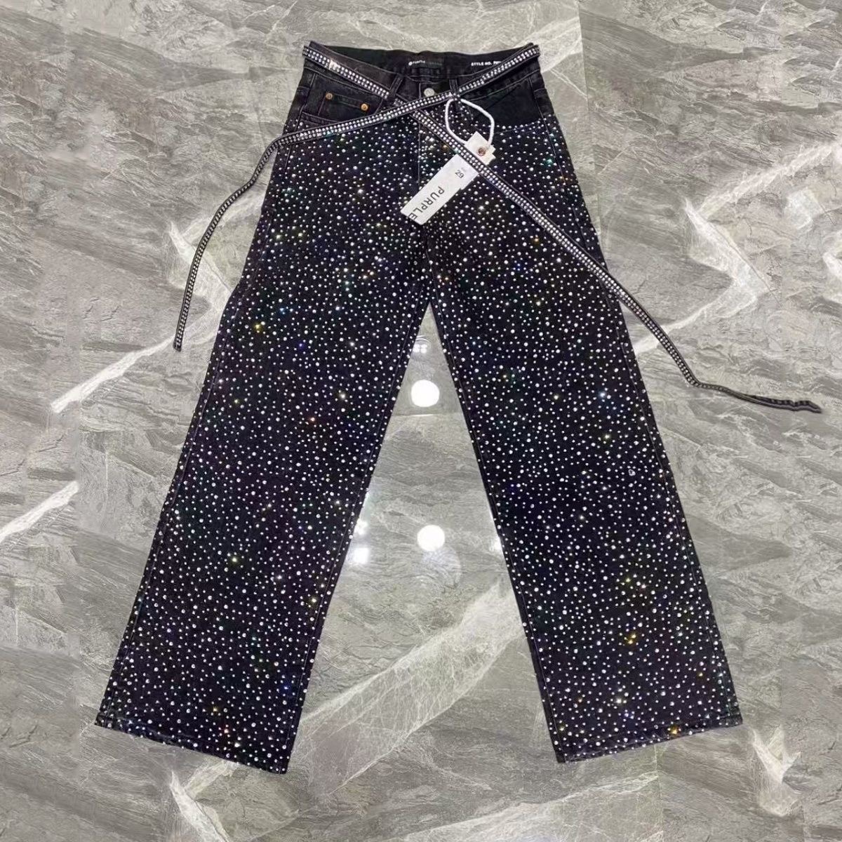 purple brand Full Starry Sky Rhinestone Water Washed Loose Wide-leg Straight Pants Denim