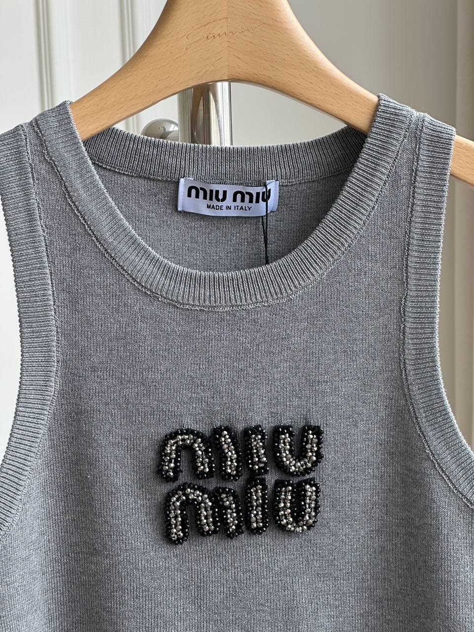 Miu Miu Heather Grey Ribbed Knit Crew Neck Rhinestone Logo Sleeveless Tank Top