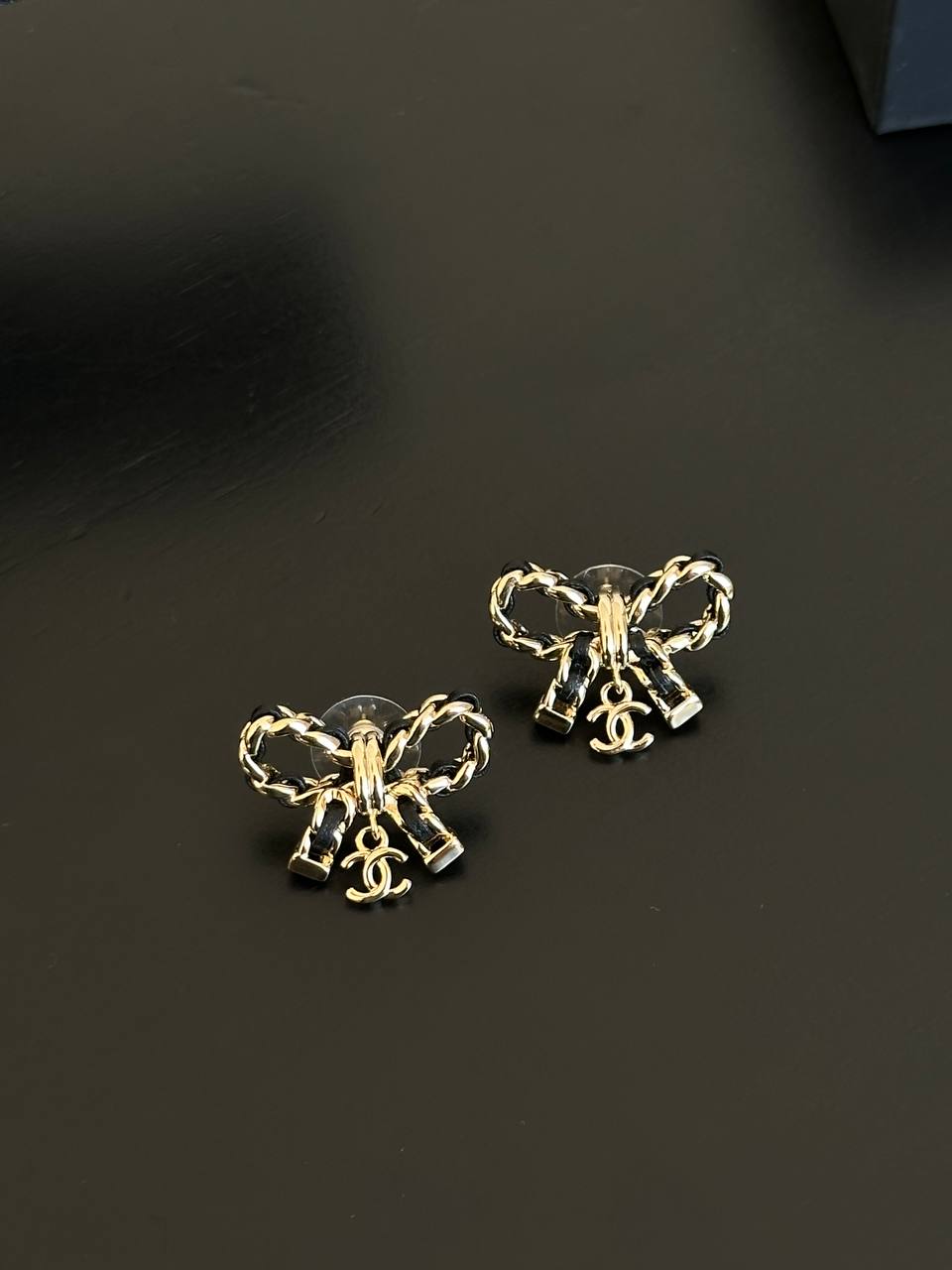 Chanel Shiny Gold Twisted Rope Bow Mini Interlocking CC Drop Stud Earrings