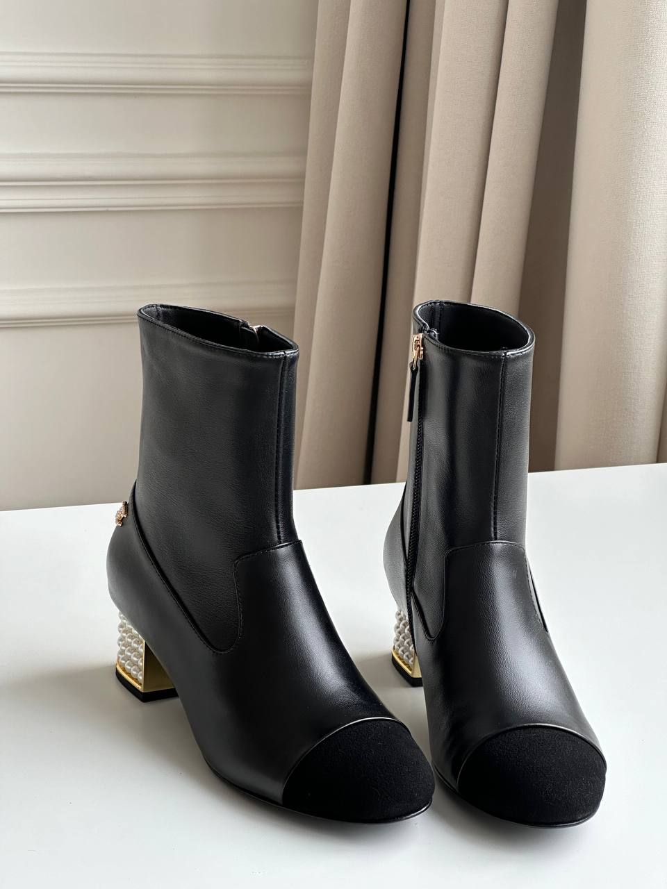 Black Smooth Calfskin Suede Toe Pearl Block Heel Side Zipper Peep Toe Ankle Boots