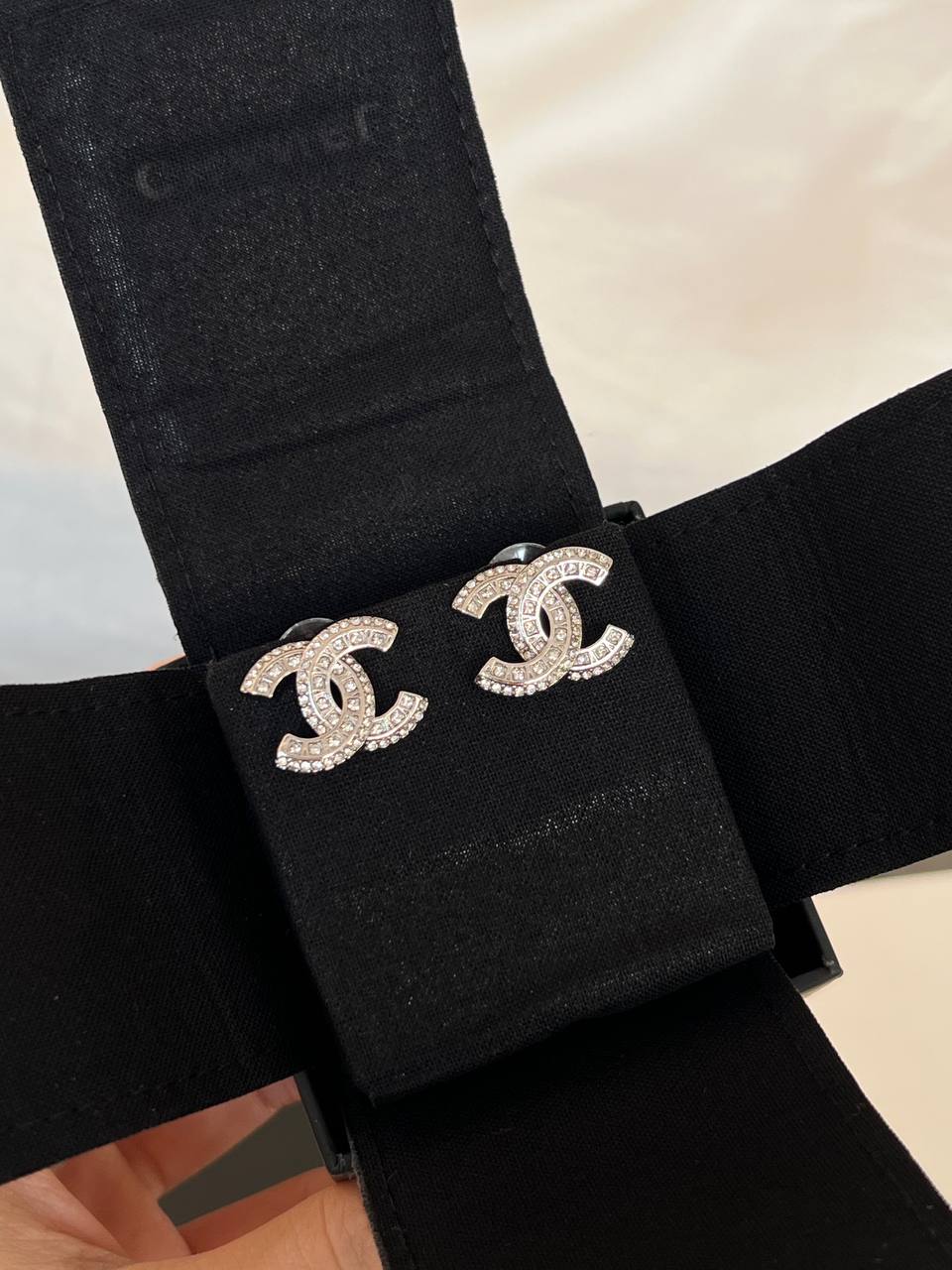 CHANEL Silver-Tone Crystal Interlocking CC Stud Earrings