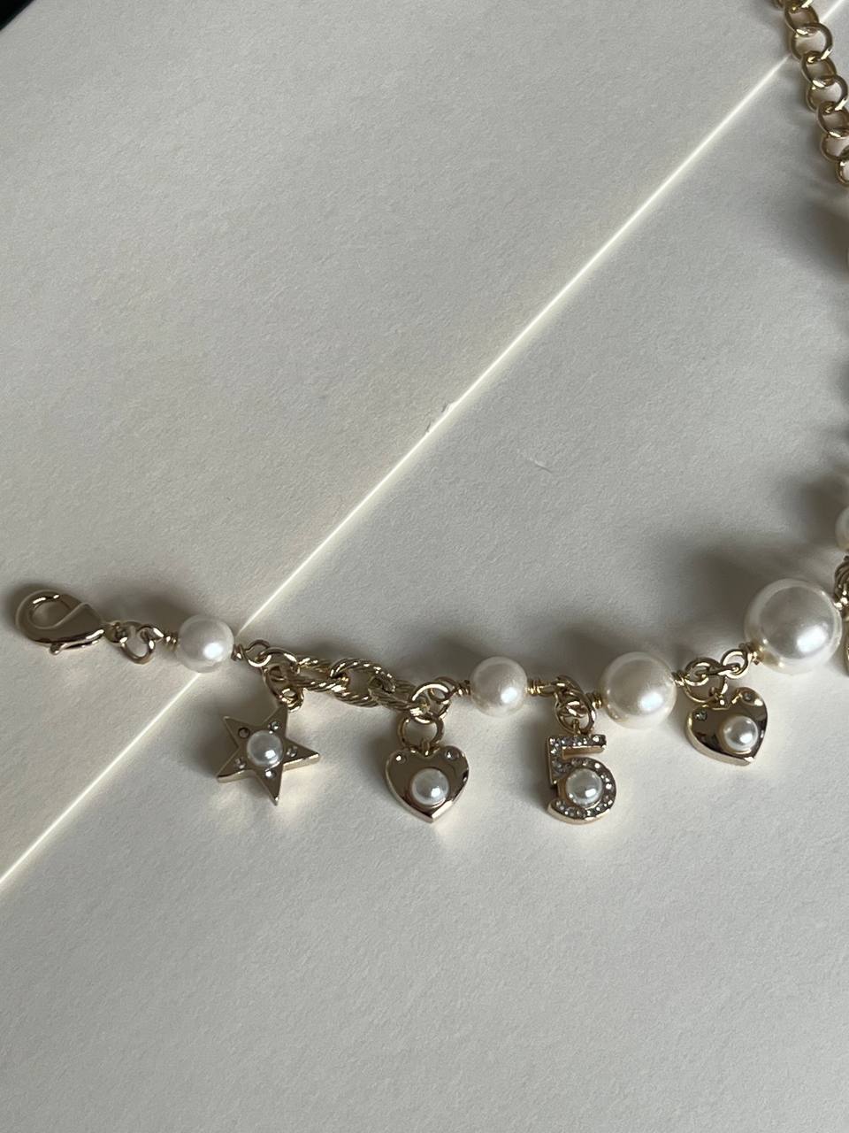Chanel Light Gold Chain Bracelet With Crystal CC, Pearl, Star, Heart & No.5 Charms Adjustable