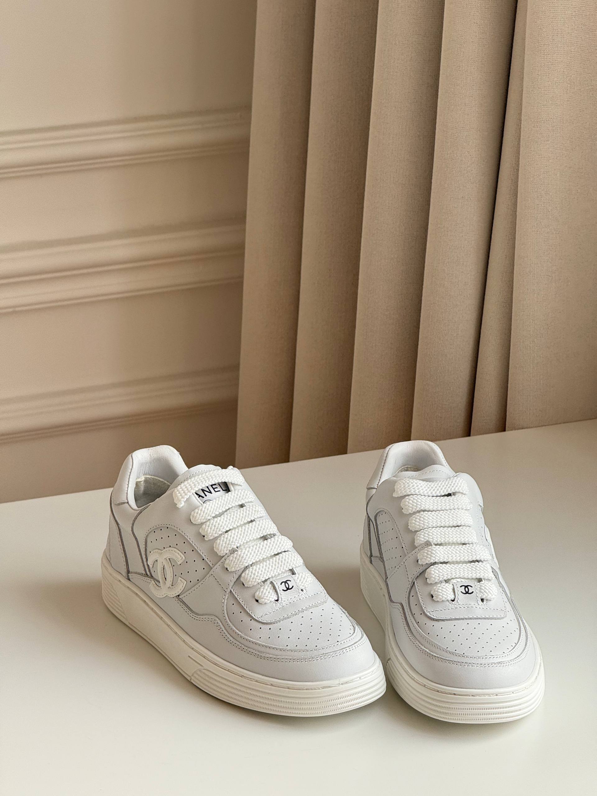 Chanel full-grain leather CC white sneakers