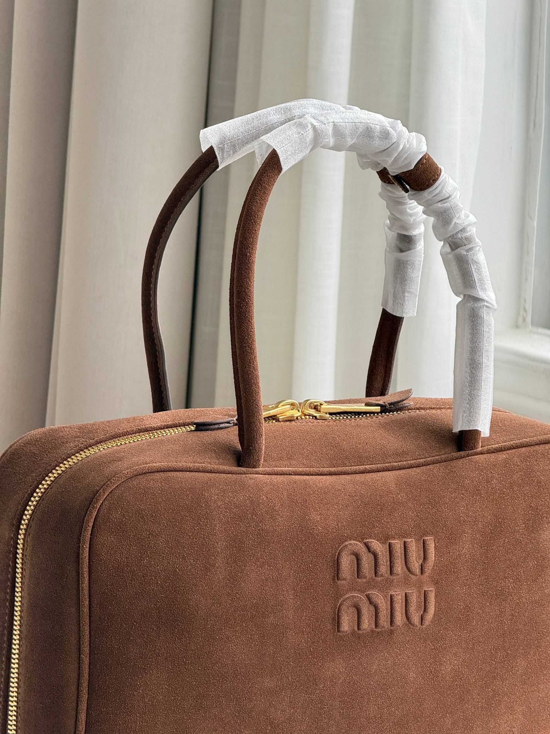 Miu Miu Brown Suede Embossed Logo Handheld Boston Cosmetic Bag