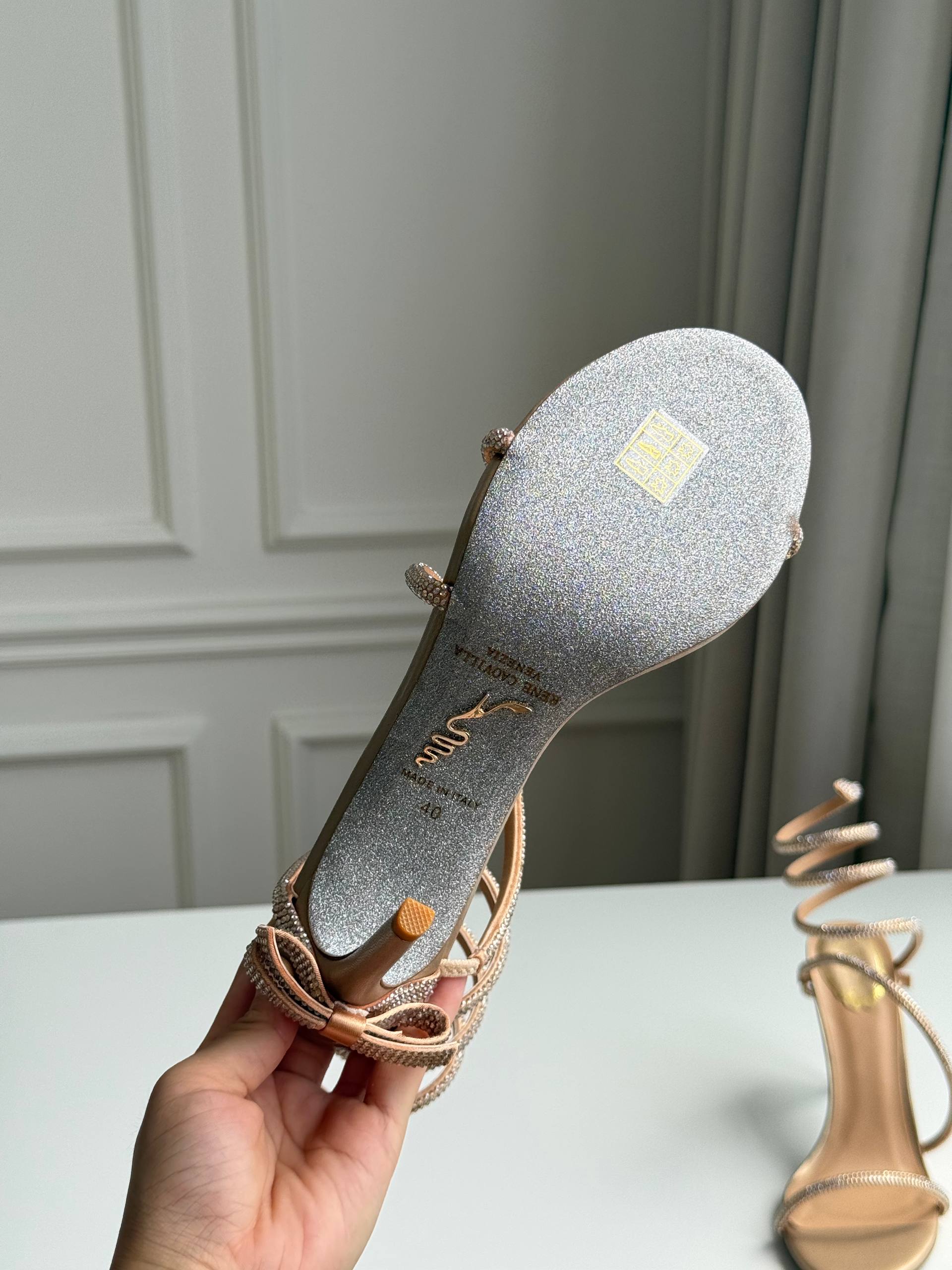 Rene Caovilla Cleo Series Nude Rhinestone Snake Wrap High-Heel Sandals