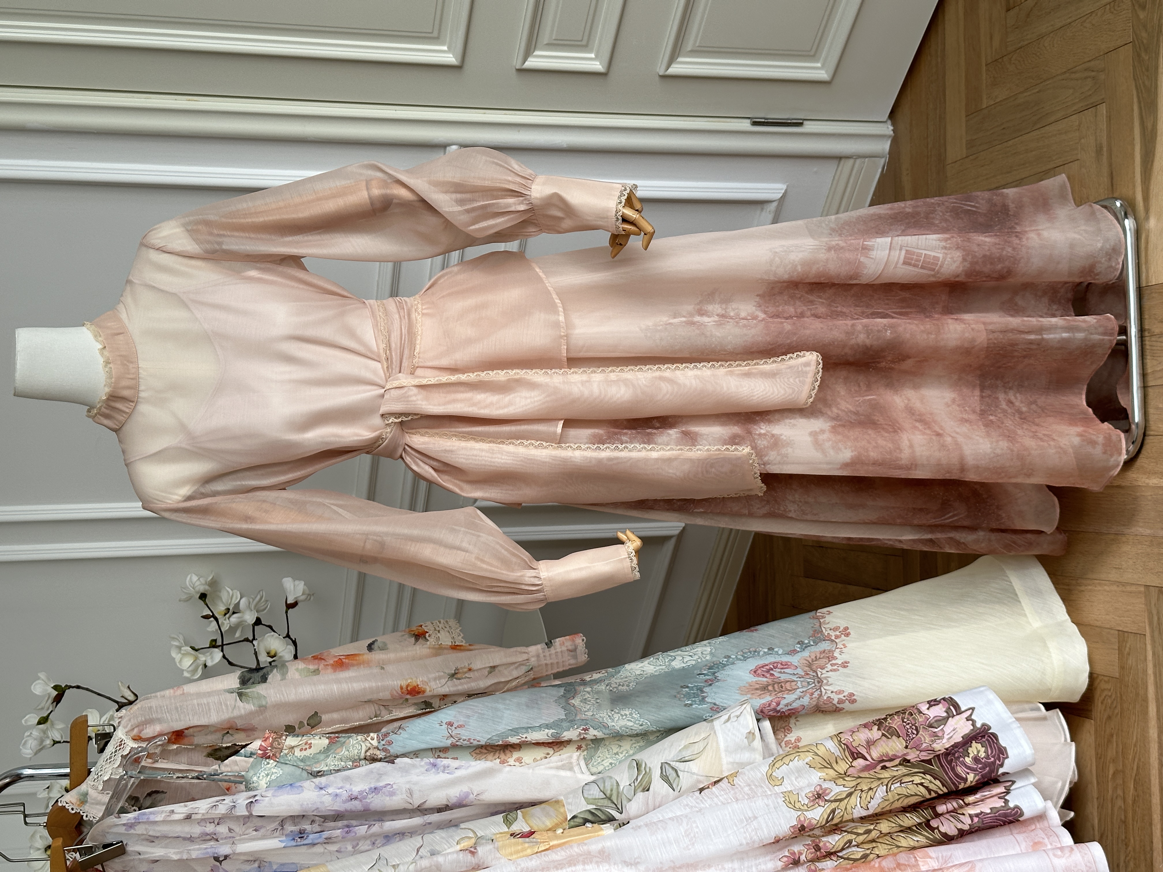Lace Trim Stand Collar Lantern Sleeve Landscape Print Two-Piece Maxi Skirt Set