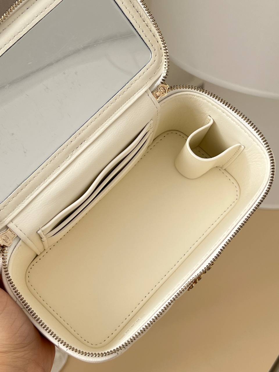 Chanel Cream White Smooth Lambskin Quilted Vanity Case Bag With Top Handle & Interwoven Chain Strap