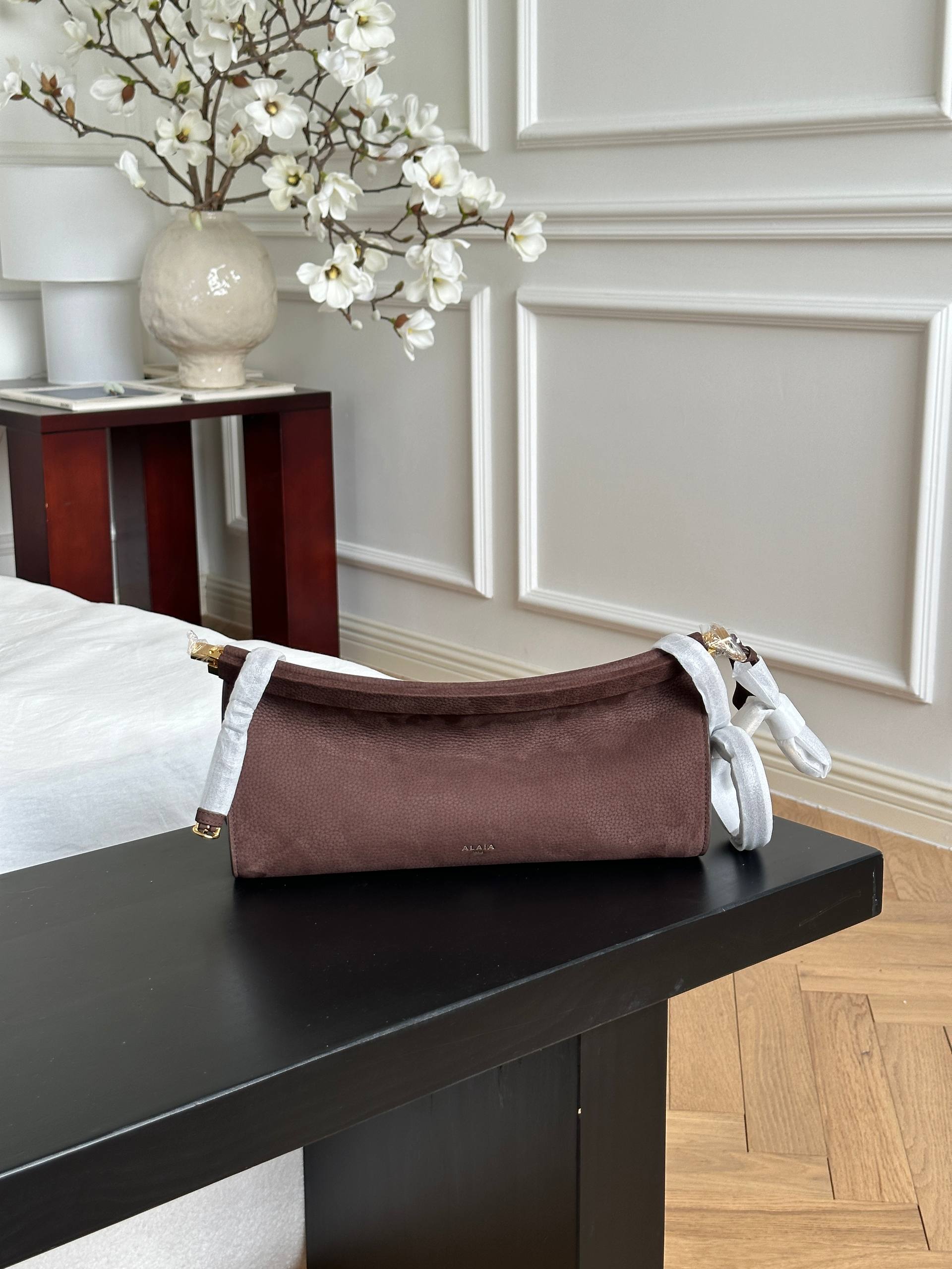 ALAIA Dark Brown Grained Leather Long Baguette Shoulder Bag