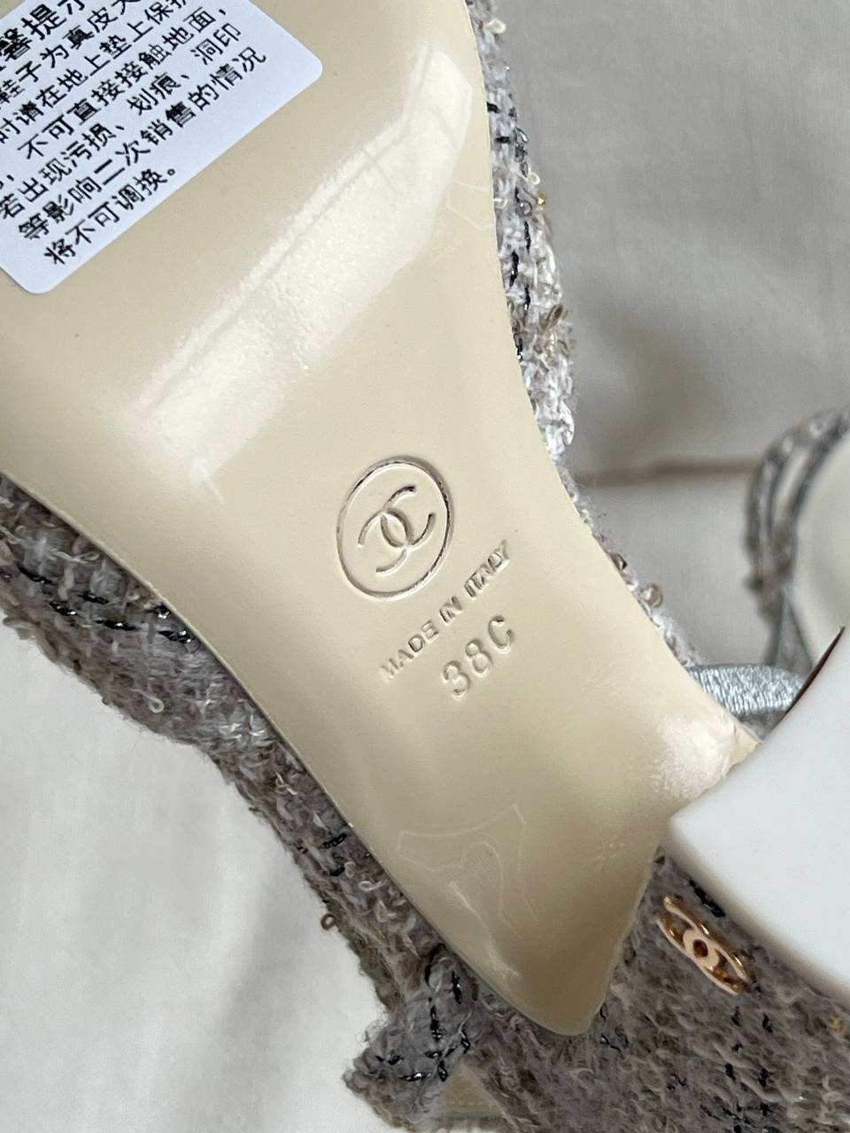 Chanel Grey Silver Tweed & Off-white Leather Slingback Block Heel Pumps