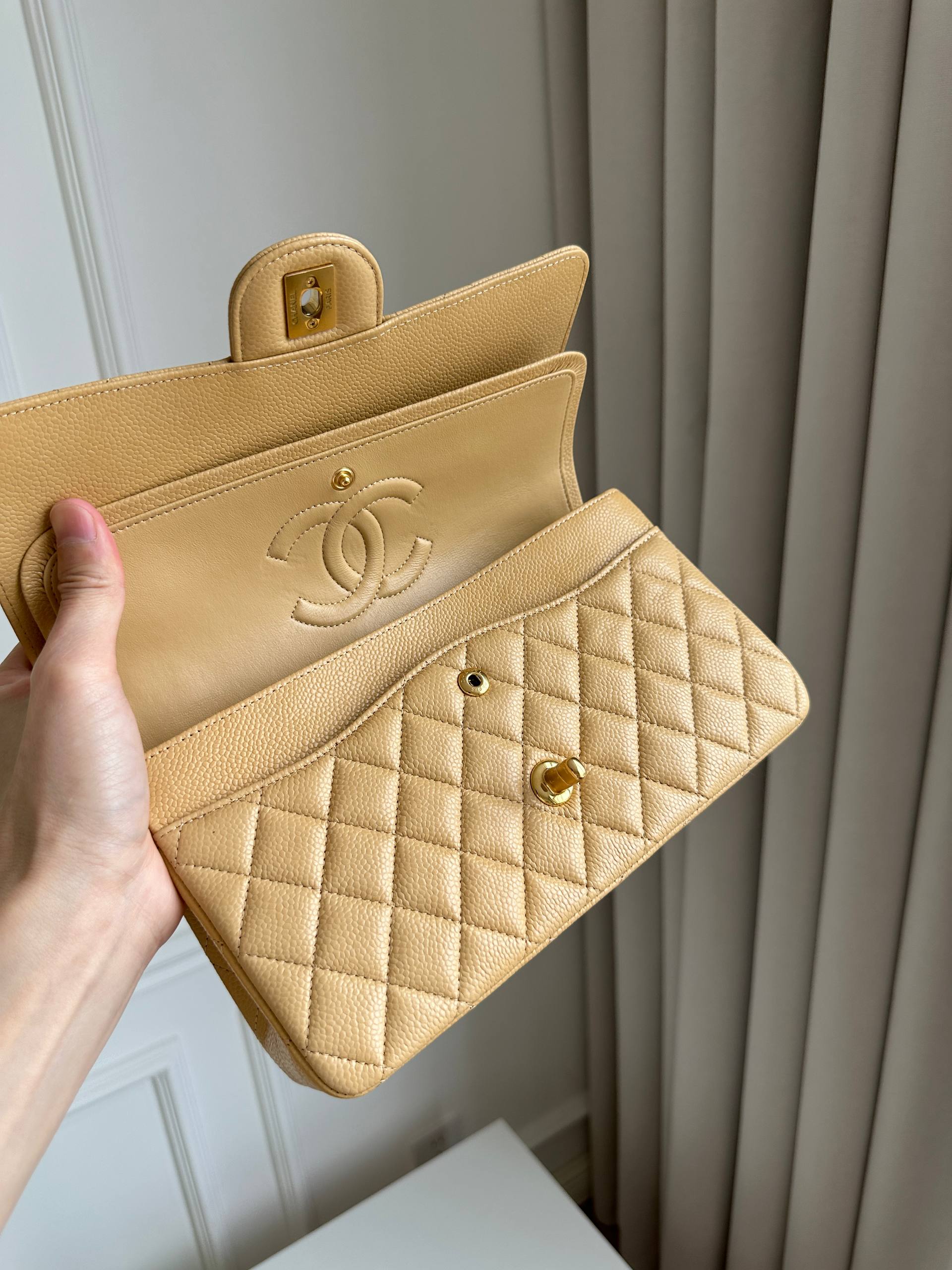 Chanel Medium Classic Flap Beige Caviar Leather Quilted Chain Bag