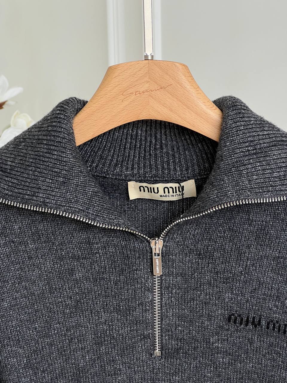Miu Miu Dark Grey Half Zip Collar Cropped Knit Sweater