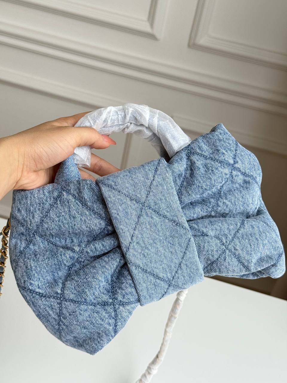 Chanel 25K Quilted Denim Bow Chain Handbag