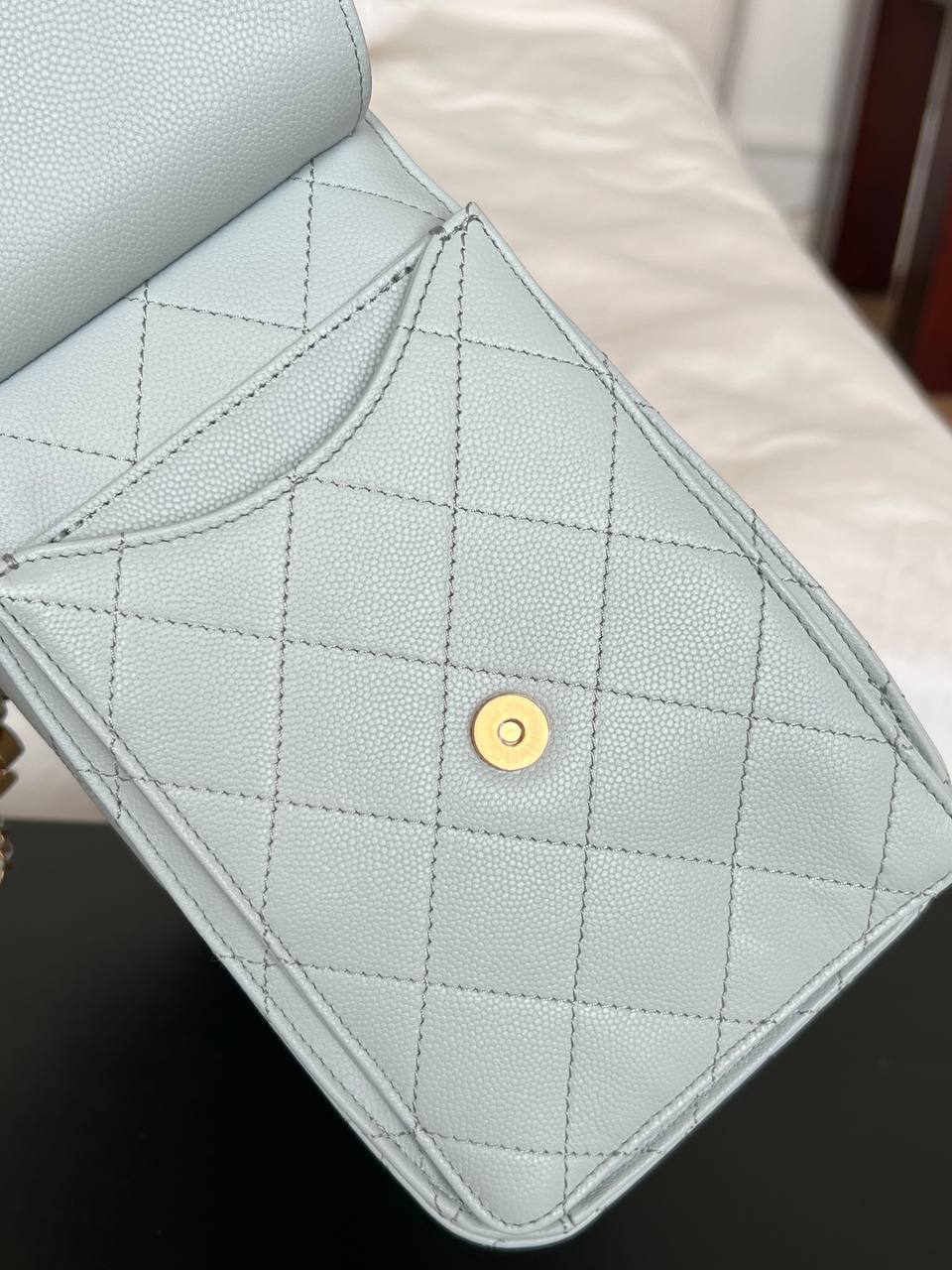 Chanel Pale Ice Blue Caviar Leather CC Drawstring Quilted Flap Bucket Bag
