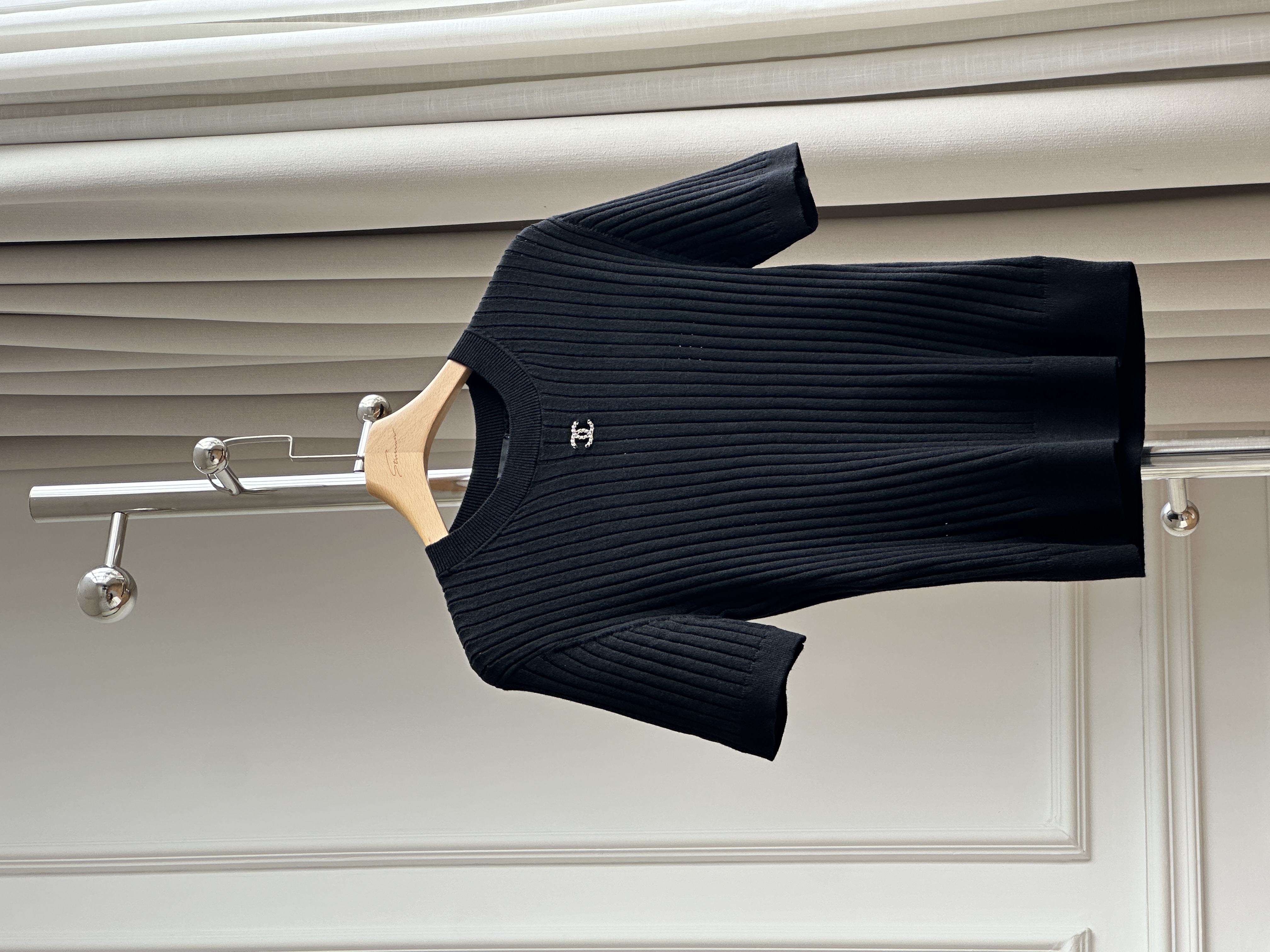 Chanel Black Ribbed Knit Short-Sleeve Top with Crystal CC Logo