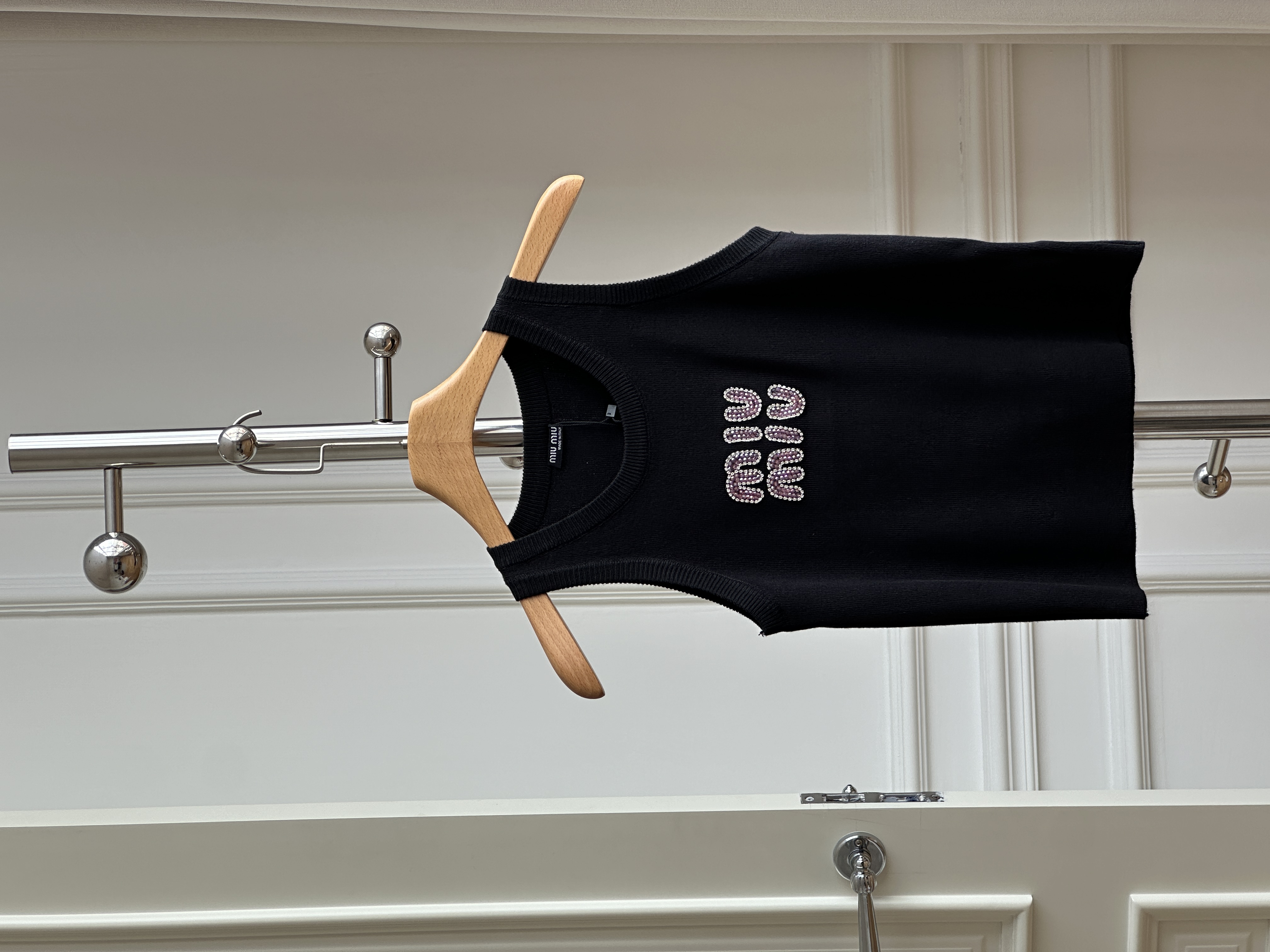 Miu Miu Black Pink Rhinestone Logo Rib Knit Tank Top