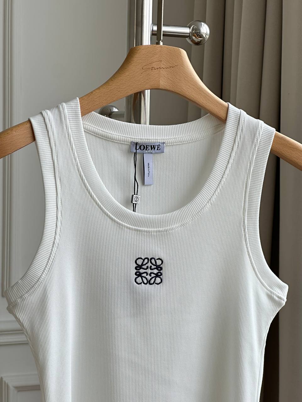Loewe White Ribbed Knit U-Neck Sleeveless Tank Top With Black Anagram Embroidery