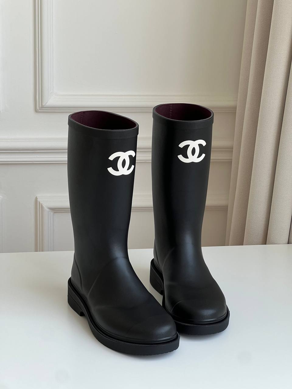 Chanel Black Rubber Tall Rain Boots With White Interlocking CC Logo