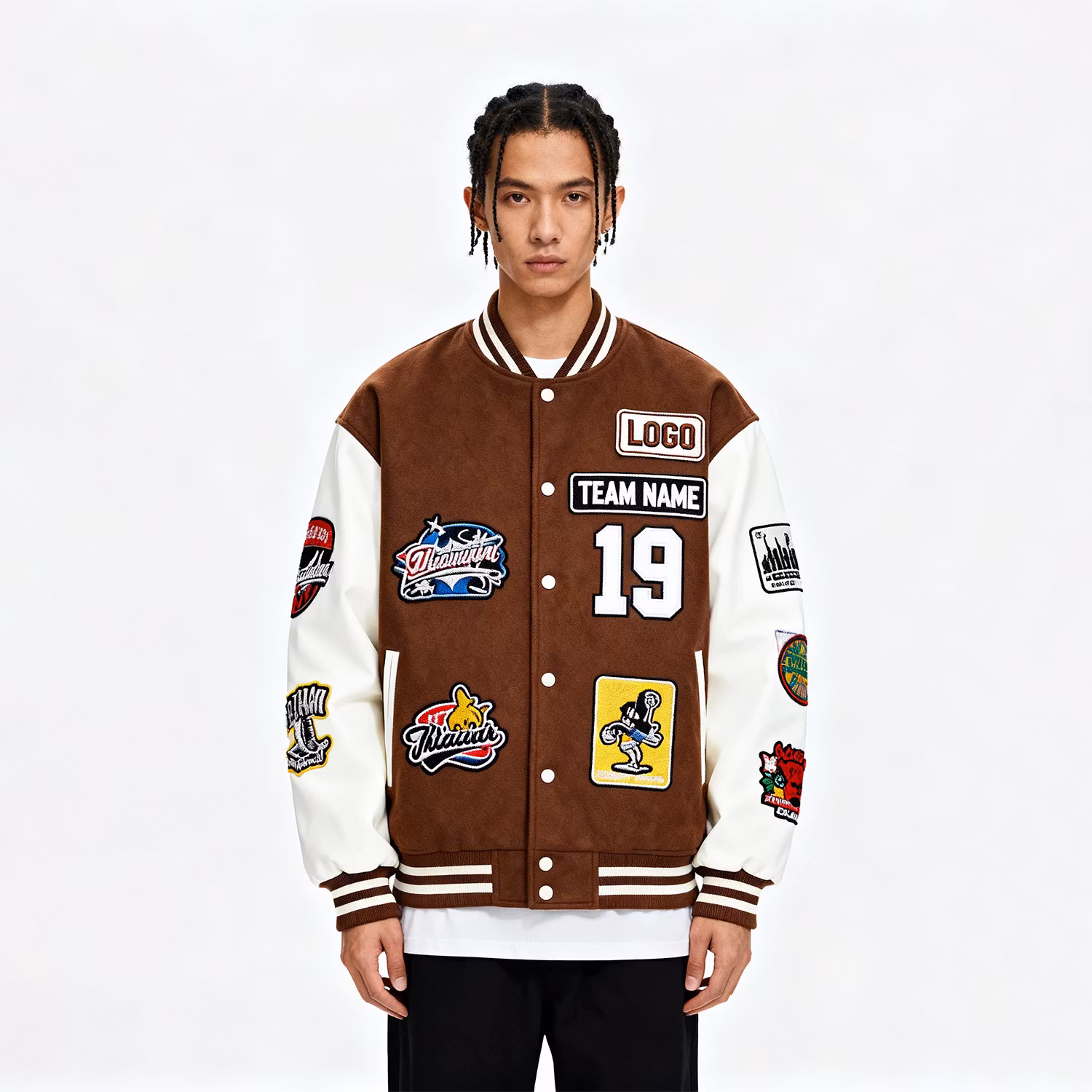 OEM Vintage Winter Varsity Bomber Jacket with Chenille Embroidery Letterman Sleeve Front Logo Windbreaker Features for Men