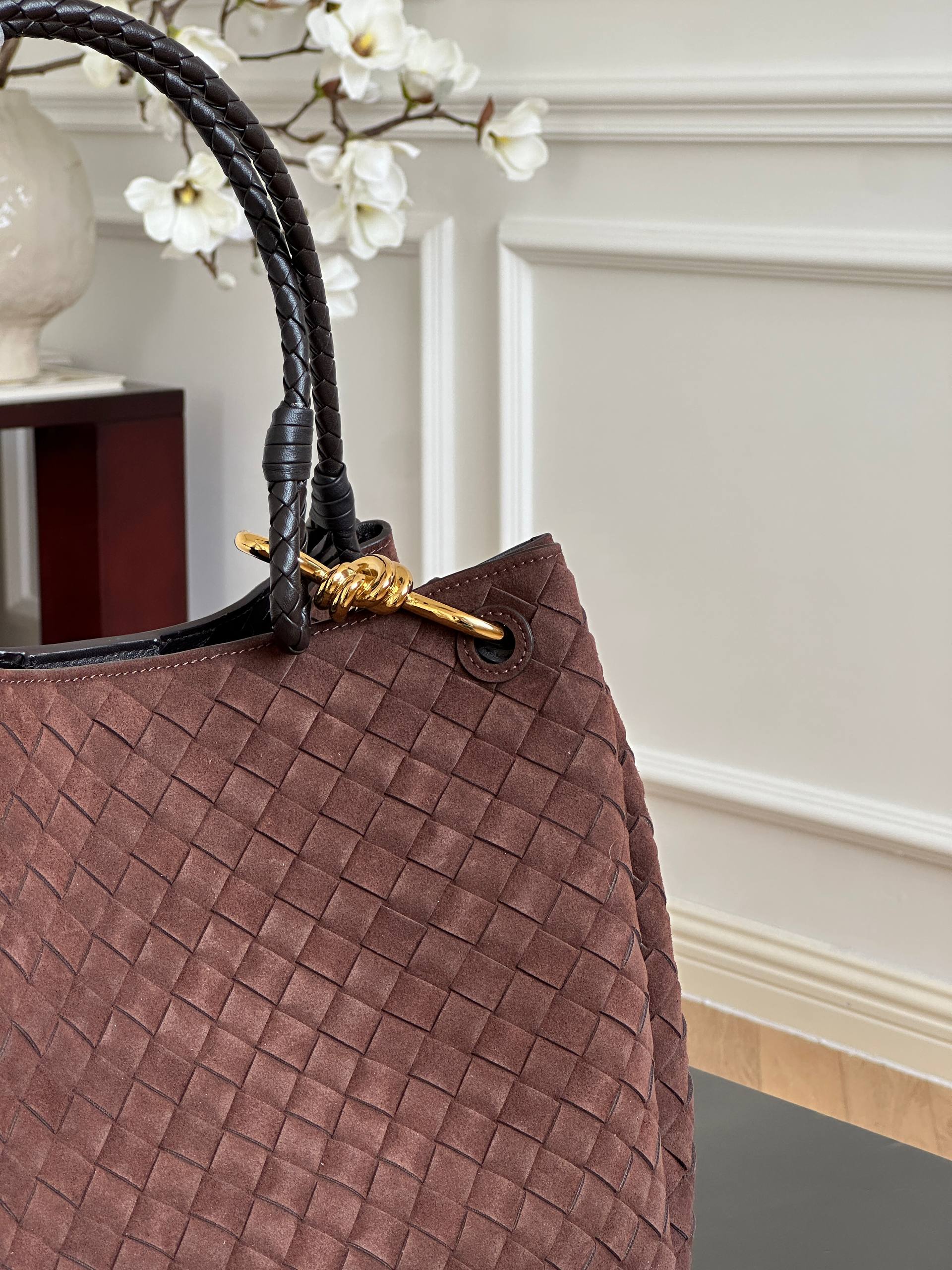 Bottega Veneta Dark Brown Suede Intrecciato Woven Knot Tote Bag