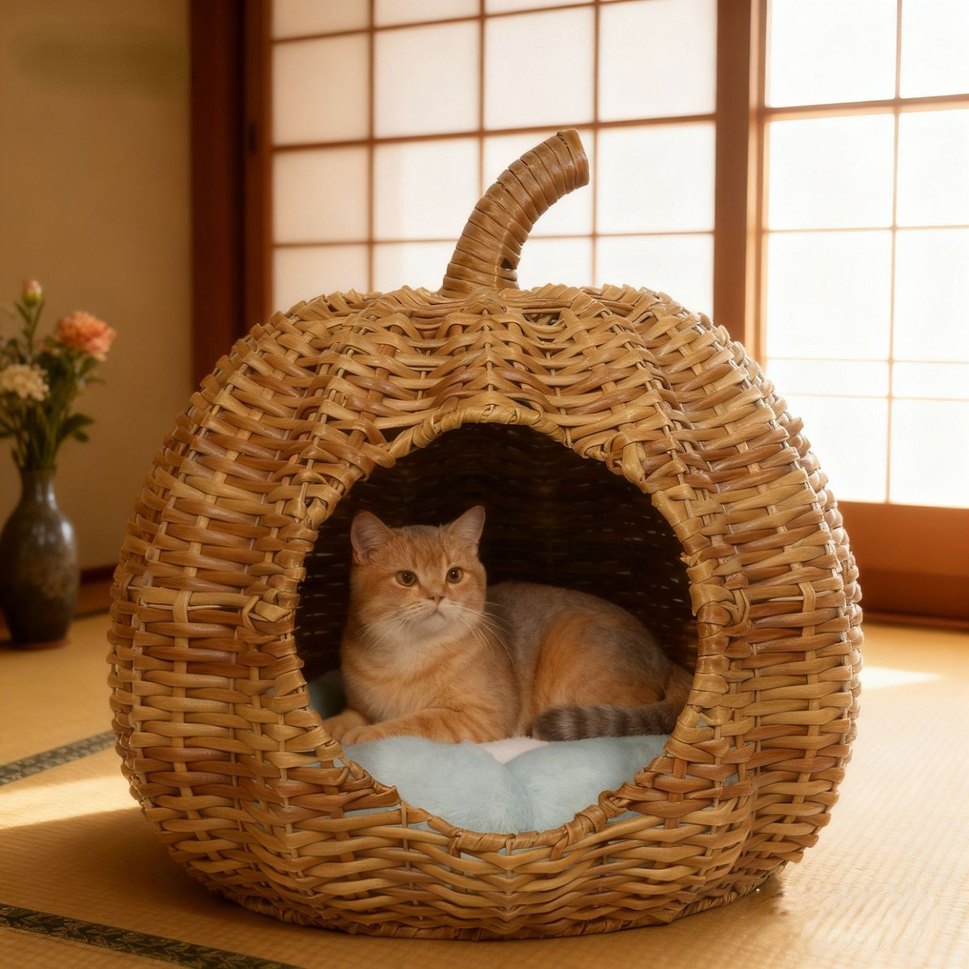 Pumpkin Natural Rattan Pet House - Handmade Breathable Wicker Basket for Scratching and Sleeping - MAISONKAIRON