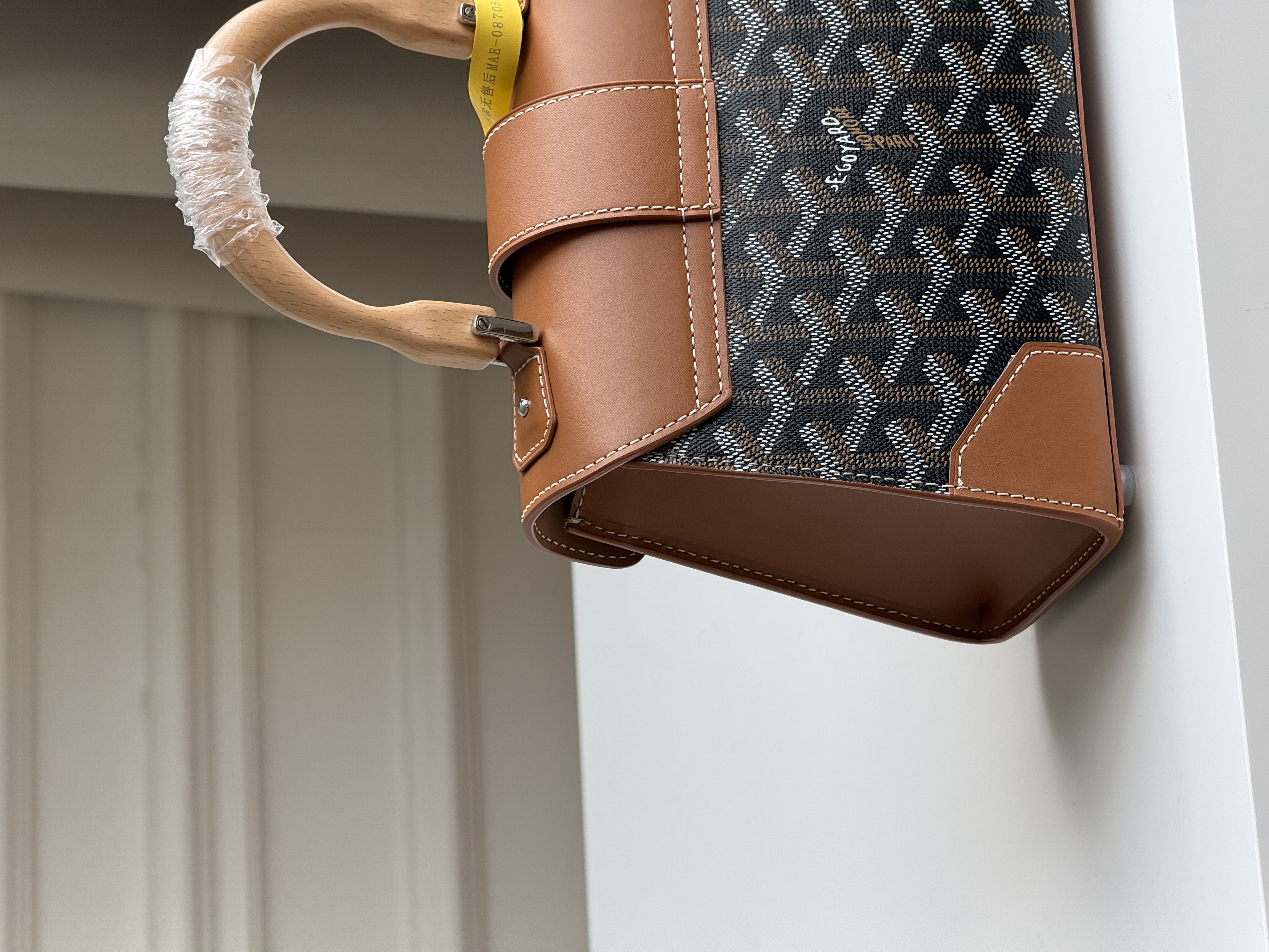 Goyard Mini Saigon Souple Black Goyardine Canvas Beech Wood Handle Handbag