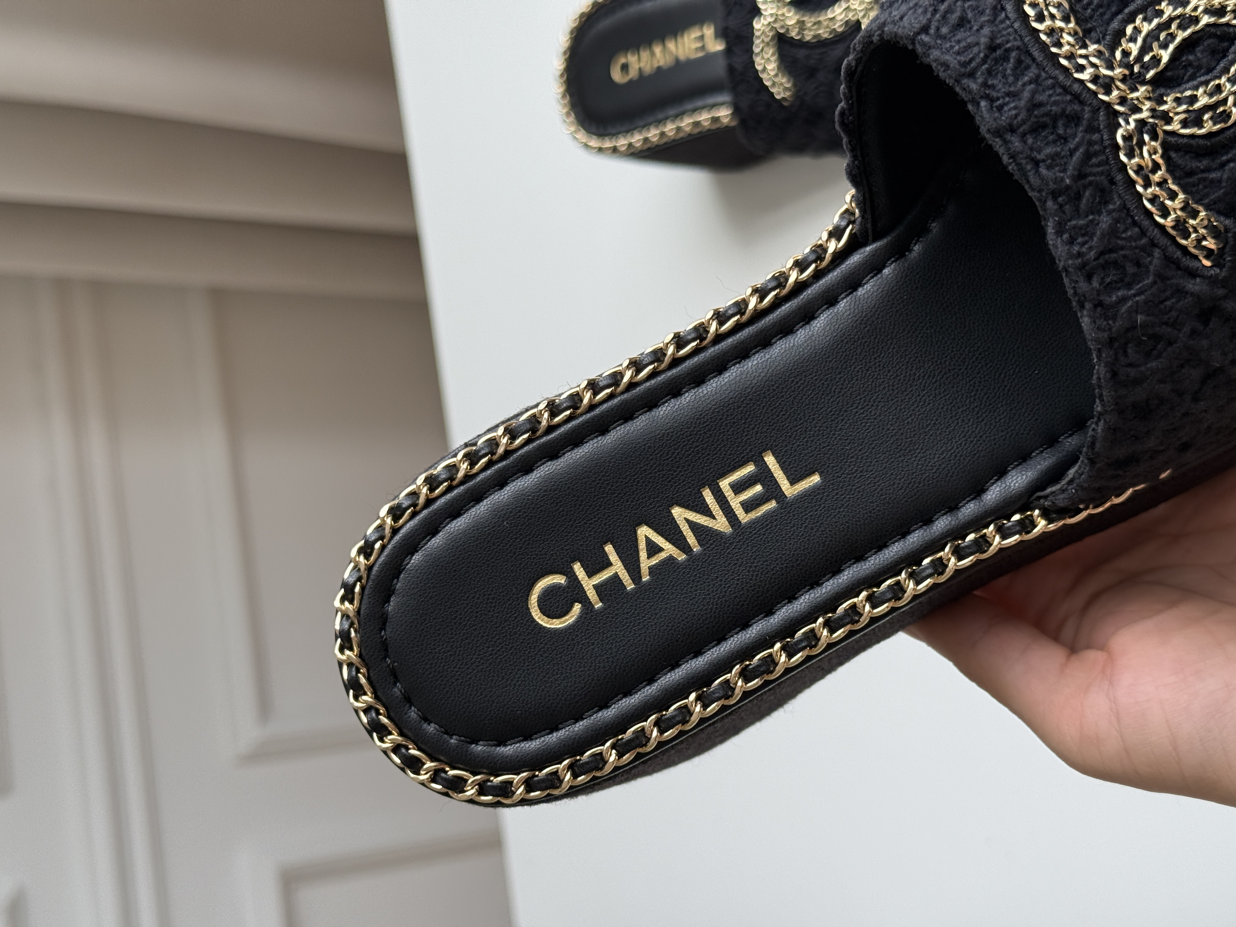 CHANEL Crochet Slide Sandals with Interlocking CC Logo