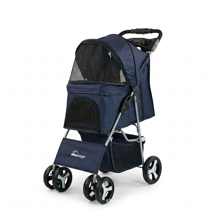 Pet Canvas Travel Four-Wheel Stroller with Canopy, Storage Space, Mesh Ventilation - MAISONKAIRON
