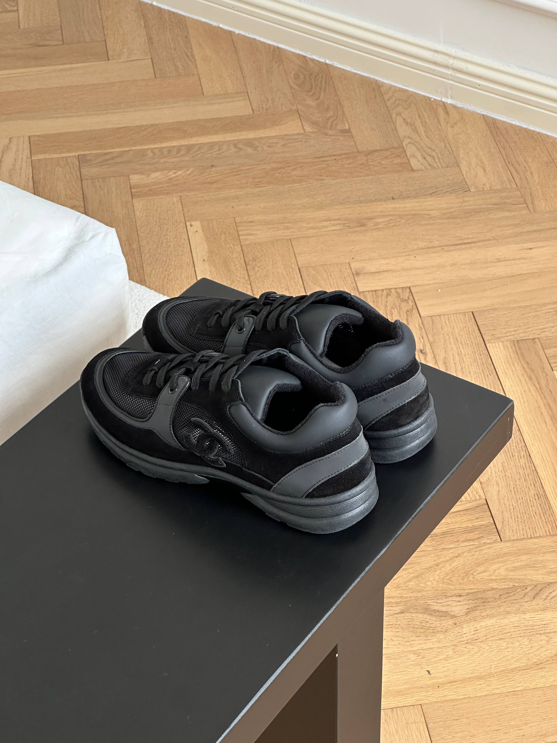 Chanel All-black Suede Mesh Panel CC Logo Low Top Sneakers