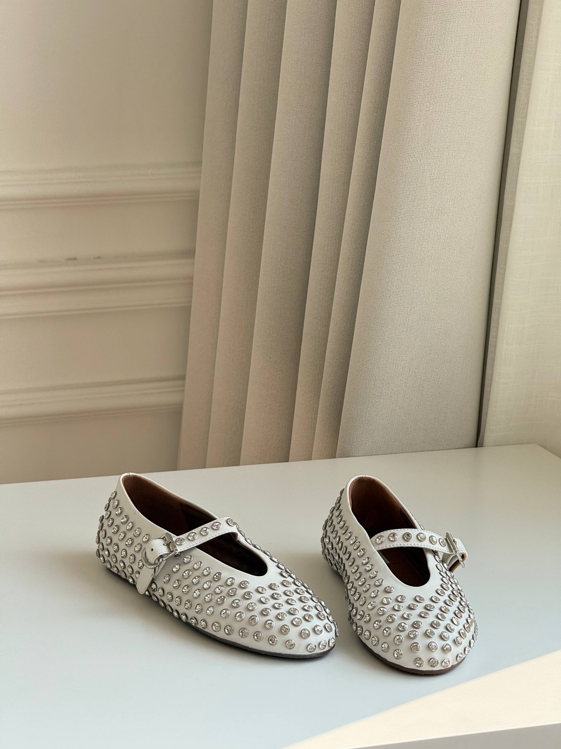 Rhinestone Studded Mary Jane Ballet Flats / Crystal Embellished Ballerina Shoes