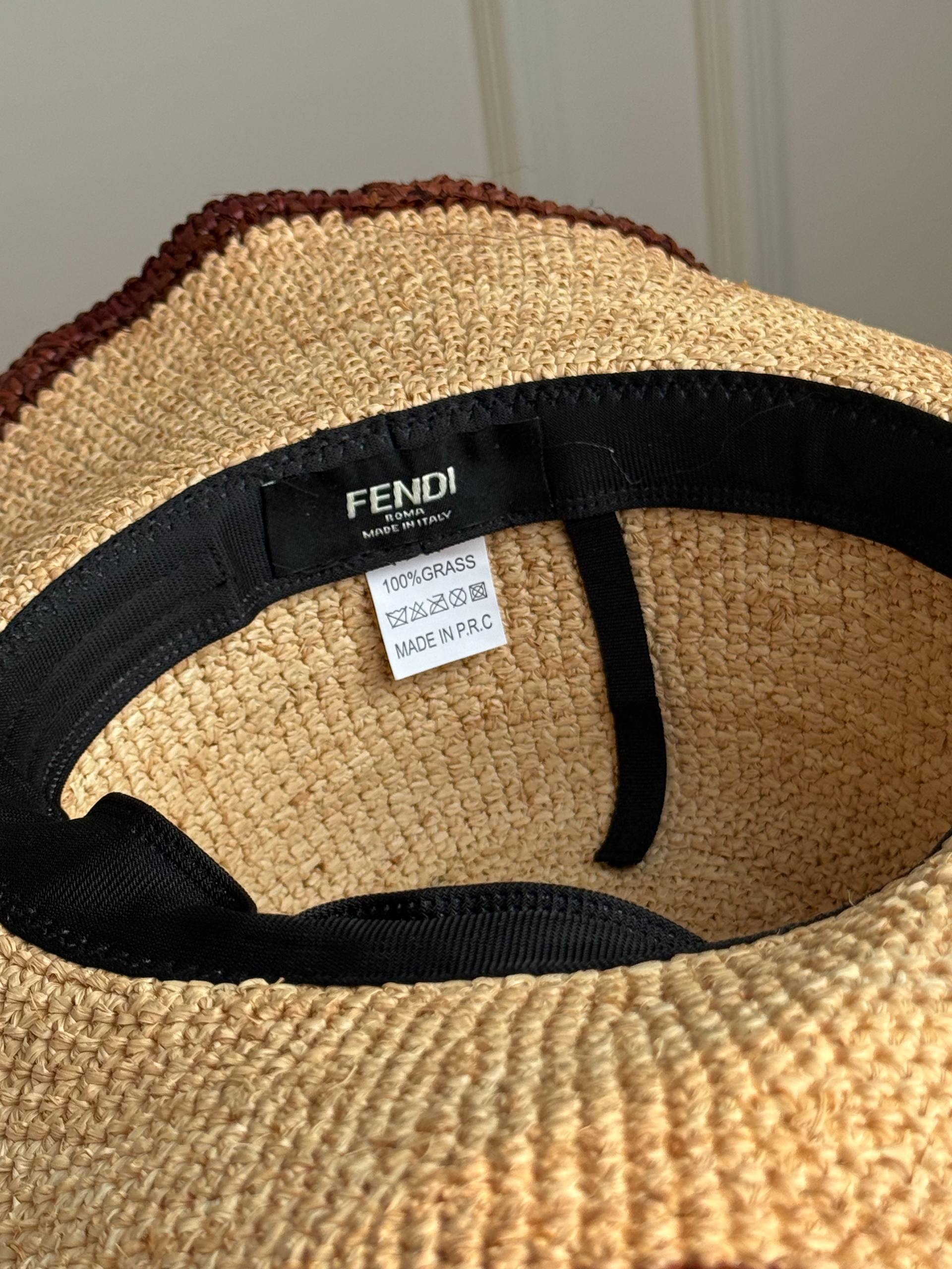 Fendi Logo Embroidery Wavy Brim Raffia Sun Hat