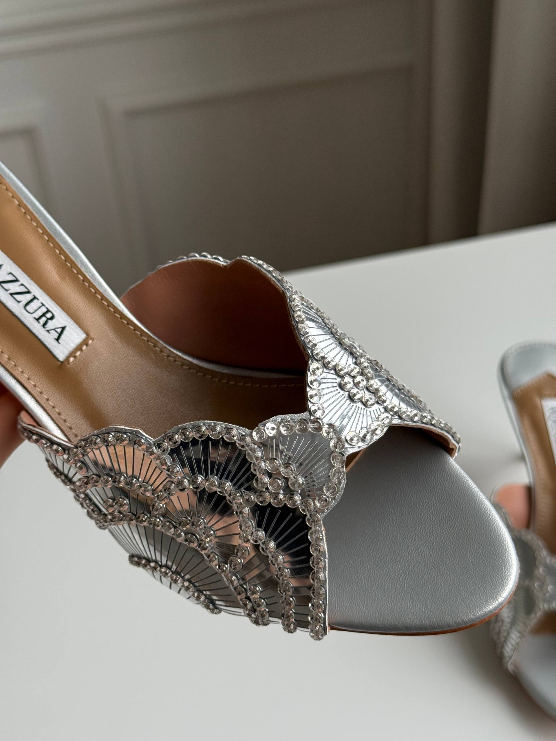 Aquazzura Lace-Embroidered Open-Toe Heeled Mules