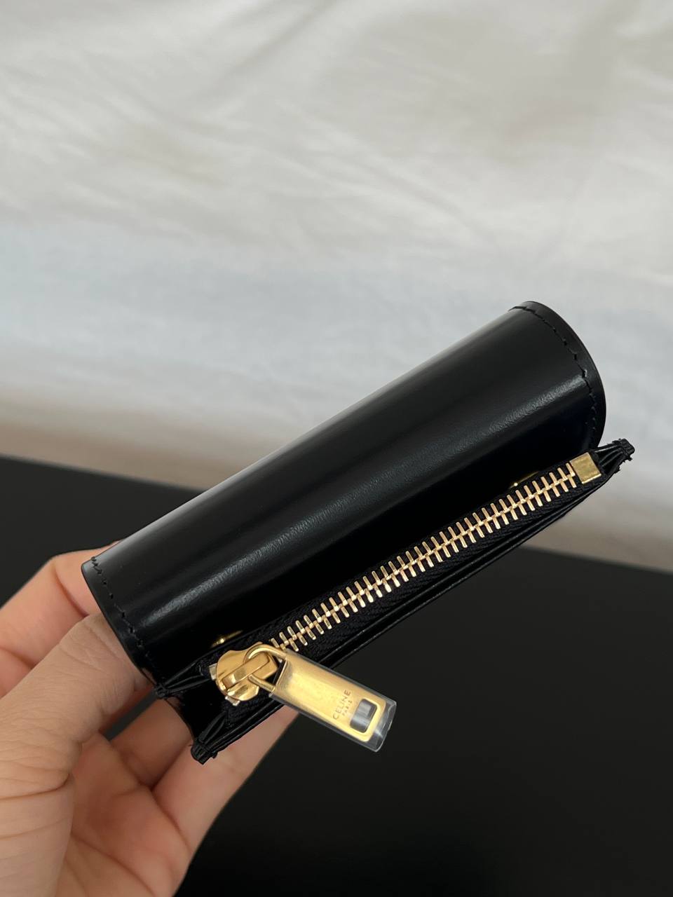 CELINE Triomphe Shiny Calfskin Flap Card Wallet