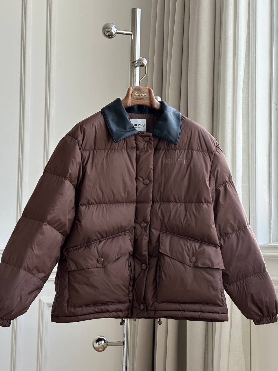 Miu Miu Dark Brown Quilted Nylon Down Jacket with Black Lambskin Collar Loose Short Coat
